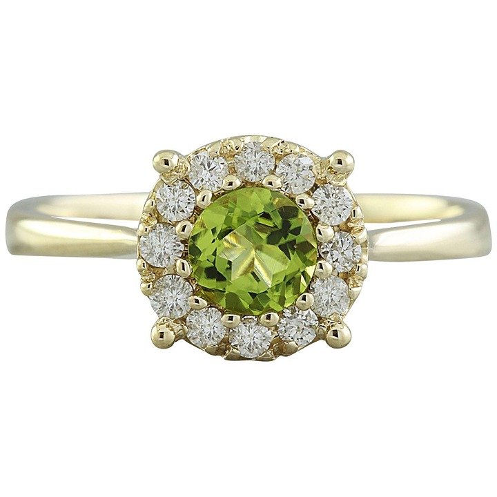 1.05Ct Natural Round Green Peridot & Diamond Solitaire Ring 14k Yellow Gold