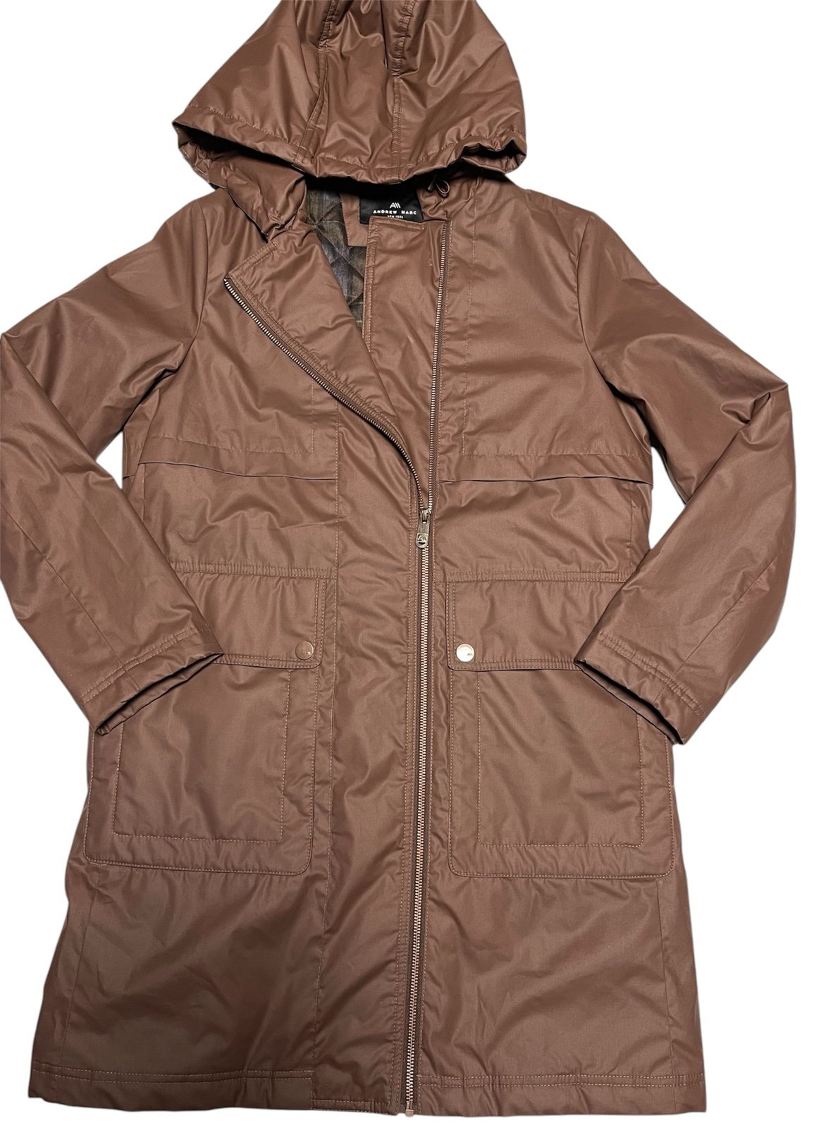 ANDREW MARC PARKA JACKET FULL ZIPPER WOMENS WATERPROOF BROWN HOODED SIZE SMALL