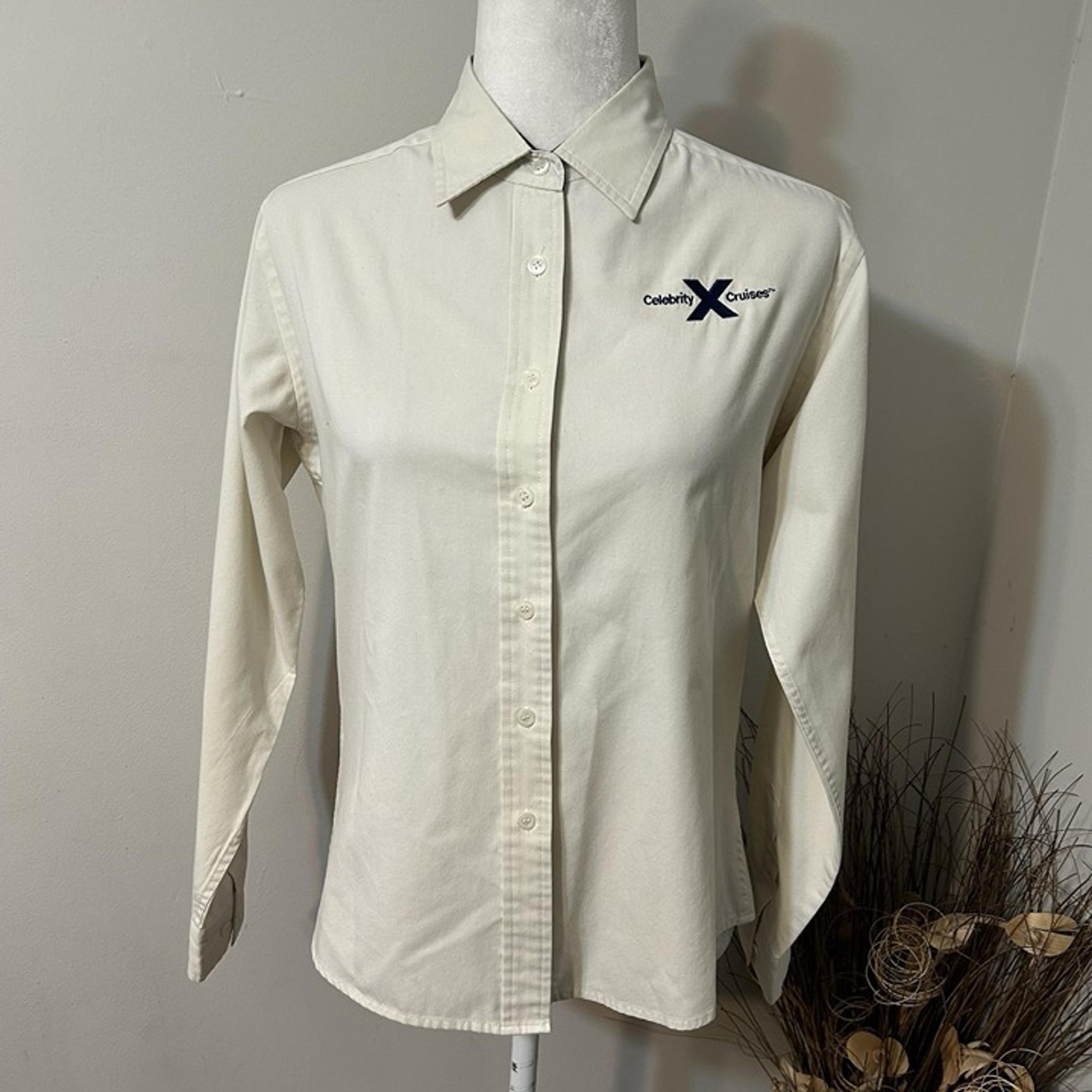 Vtg Celebrity X Cruises Women Button Up Shirt Long Sleeve Beige M - Port Authority