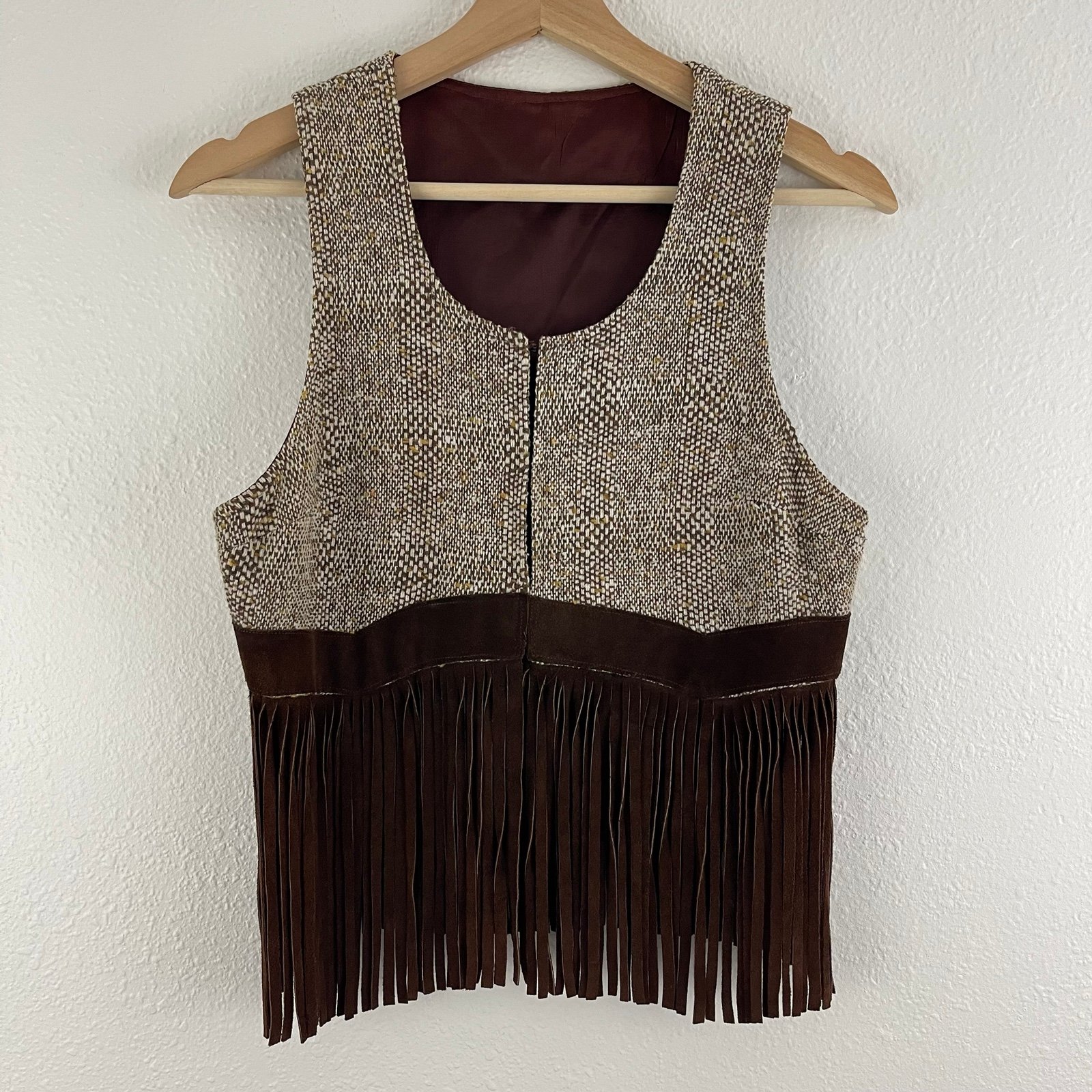 Vintage 90s Western Retro Brown Tan Leather Fringe Hem Tweed Sleeveless Vest Top