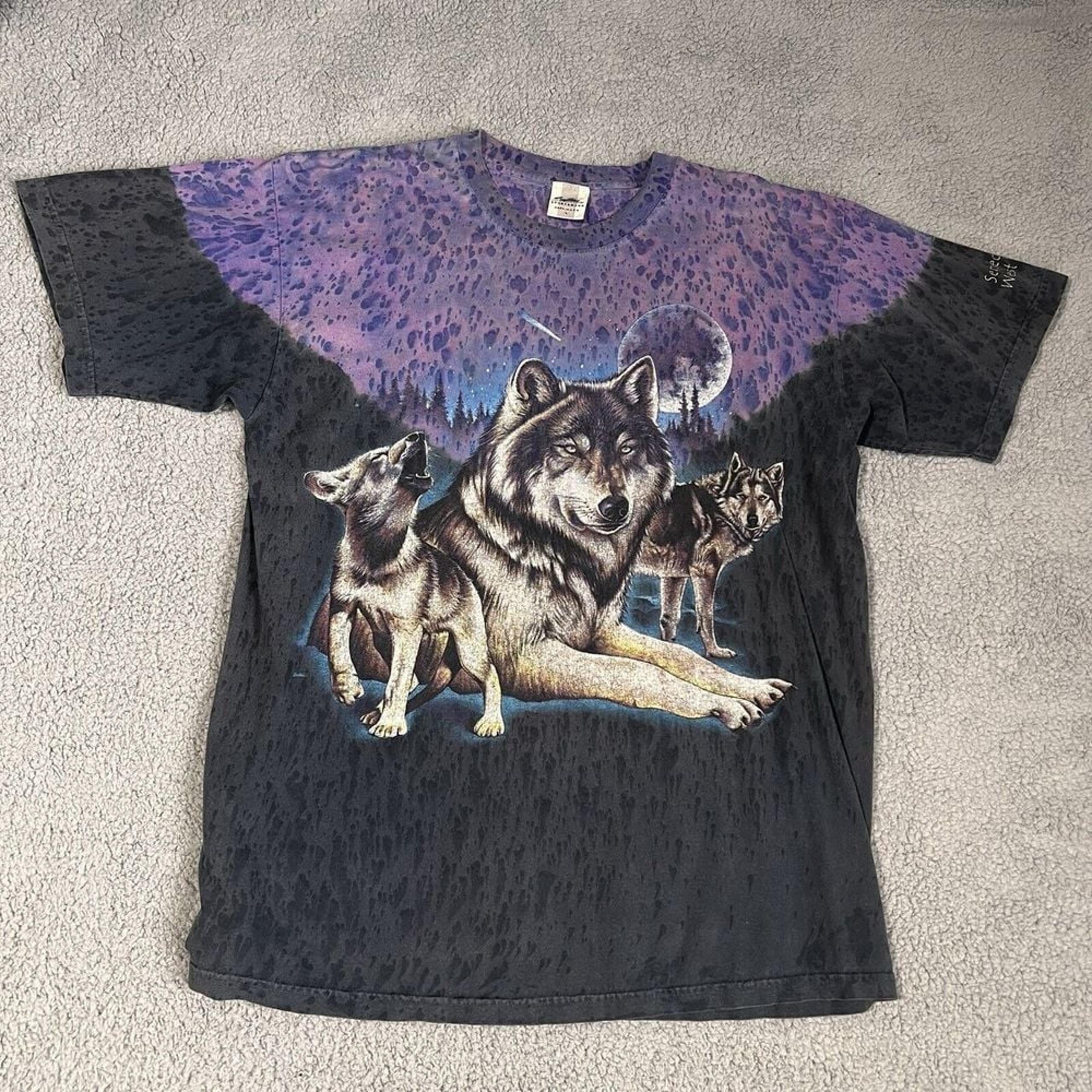 VTG Acid Washed Wolf T Shirt Large Dyed Distressed Graphic Faded Nature USA Wood