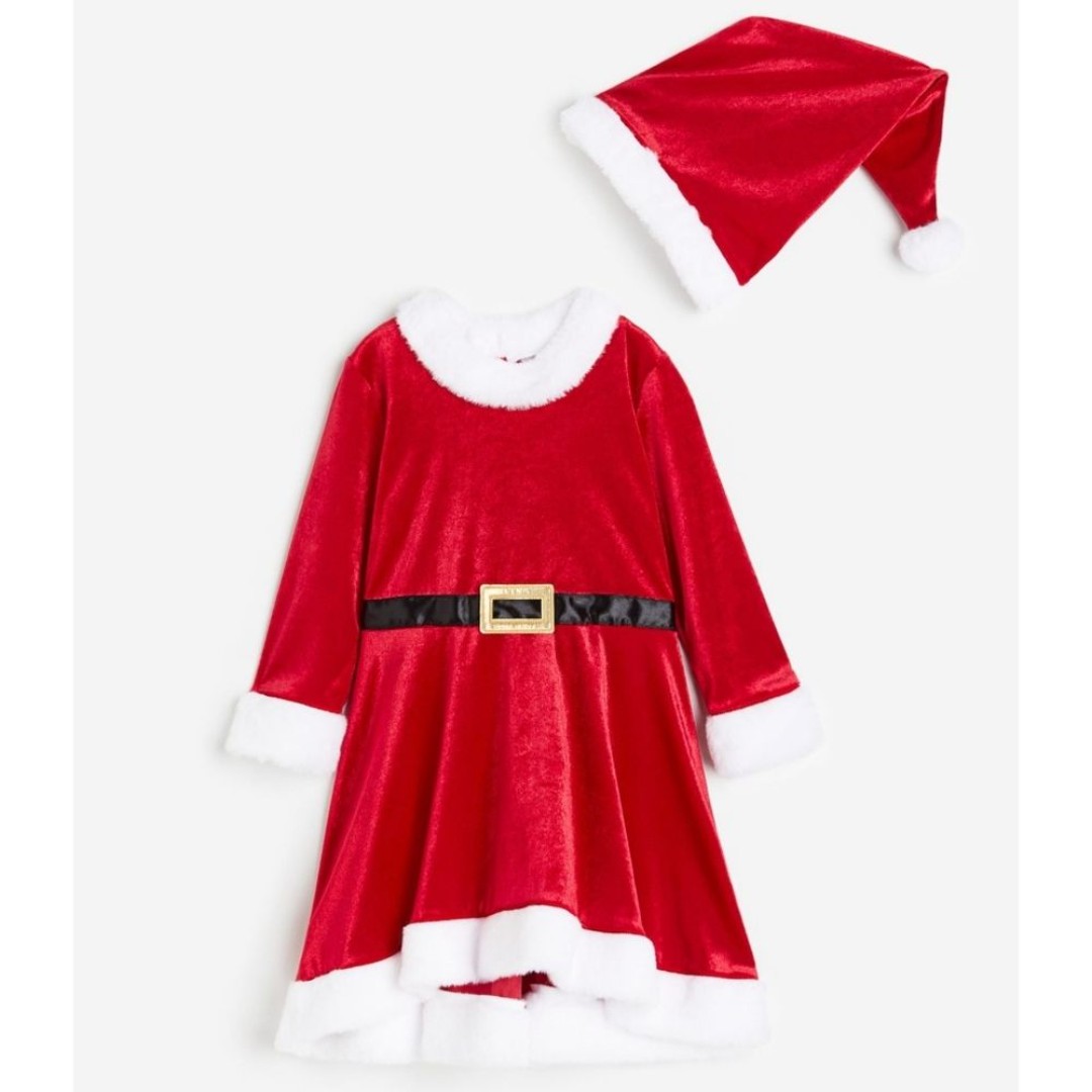 H&M Girls Christmas Holiday Santa Velour Red Dress & Hat Outfit 3T NEW