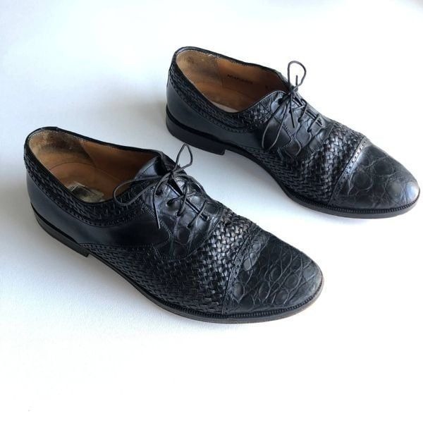 Mezlan Black Acapulco Genuine Crocodile Cap Toe Woven Leather Oxford Men Shoes 8