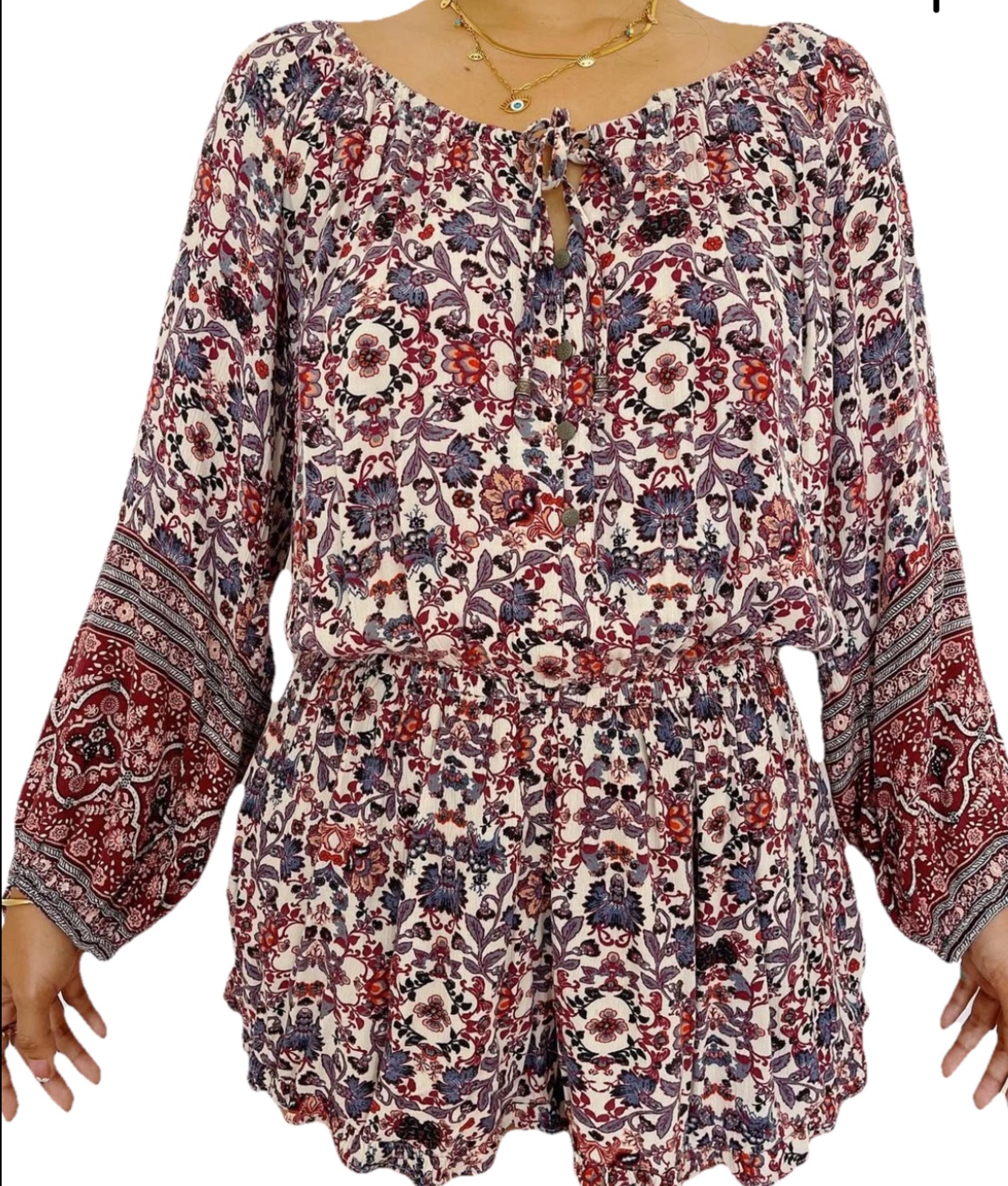 AMERICAN EAGLE Floral Boho Romper Ivory Navy Blue Gauze Long Sleeve Sz XL