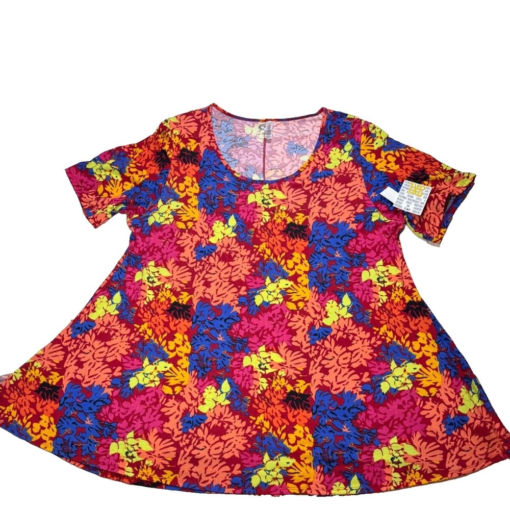 LuLaRoe Womens Top 3XL Perfect T Tee Pink Blue Orange Leaves Floral 3X NWT