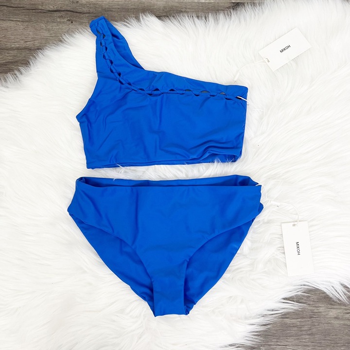 Mikoh Blue Hukilau One Shoulder Cut Out Swim Top Zuma Bikini Bottom Set Womens S