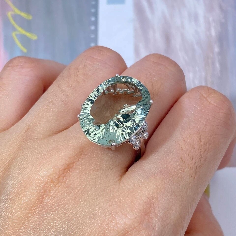 Oval Cut Prasiolite Green Amethyst Ring, Natural Green Amethyst Ring, 16 Carats
