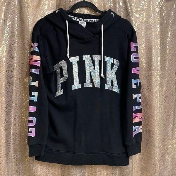 RARE HTF PINK VS watercolor holographic sequin bling black sweatshirt, XS