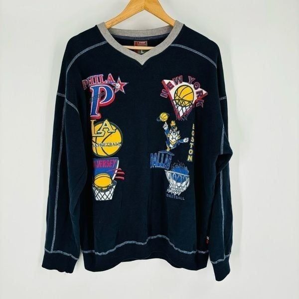 Vintage FNF 2000 Y2K V Neck Basketball Sweatshirt Navy Blue Mens Size Large