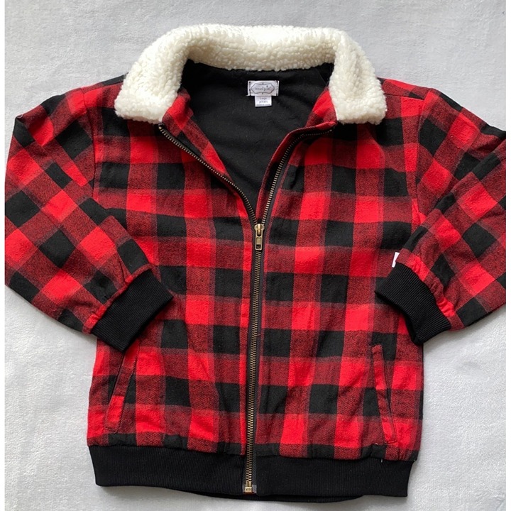 Mud Pie buffalo plaid check jacket red black Sherpa collar 4T/5T