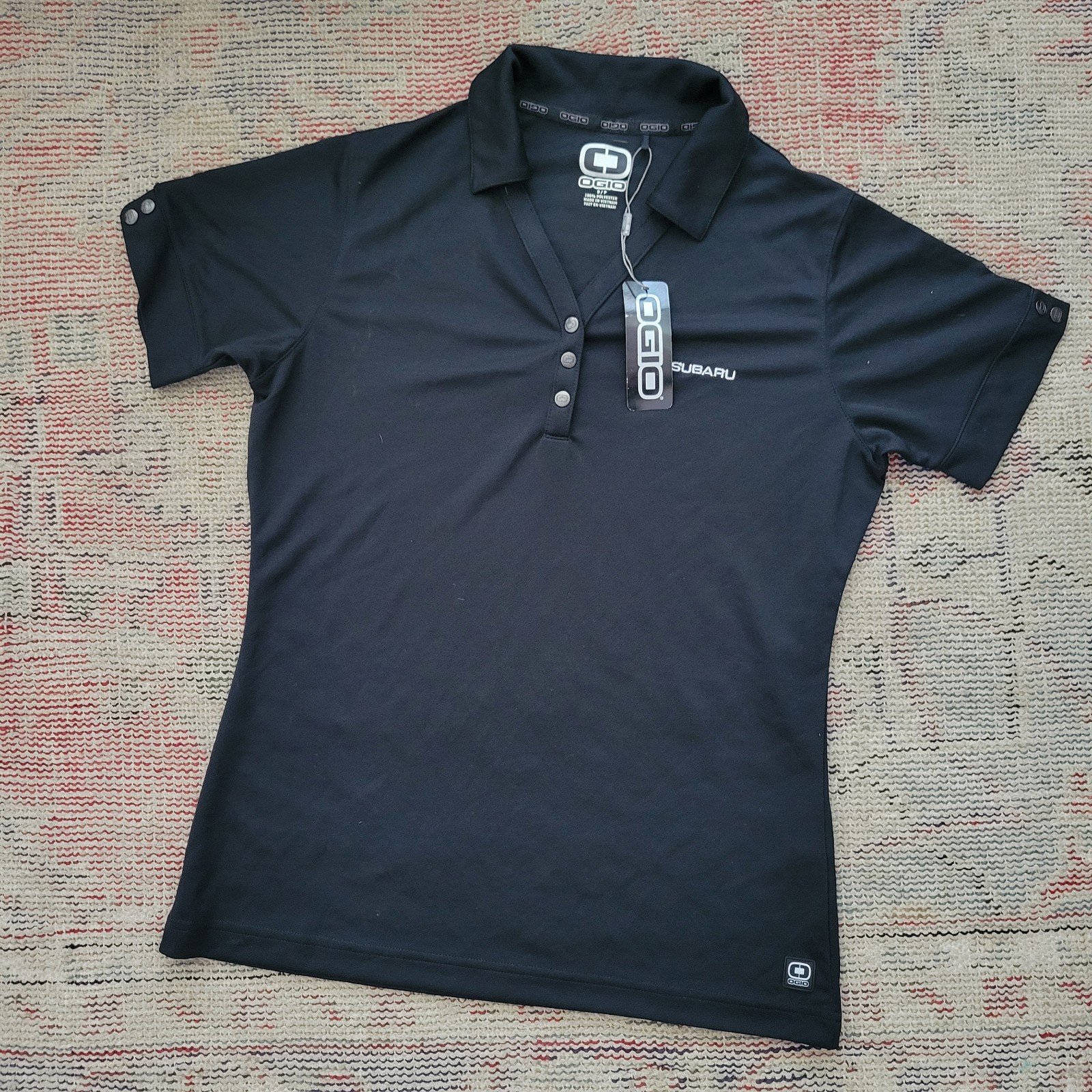 Ogio Subaru black polo work shirt collared women's small S Sm