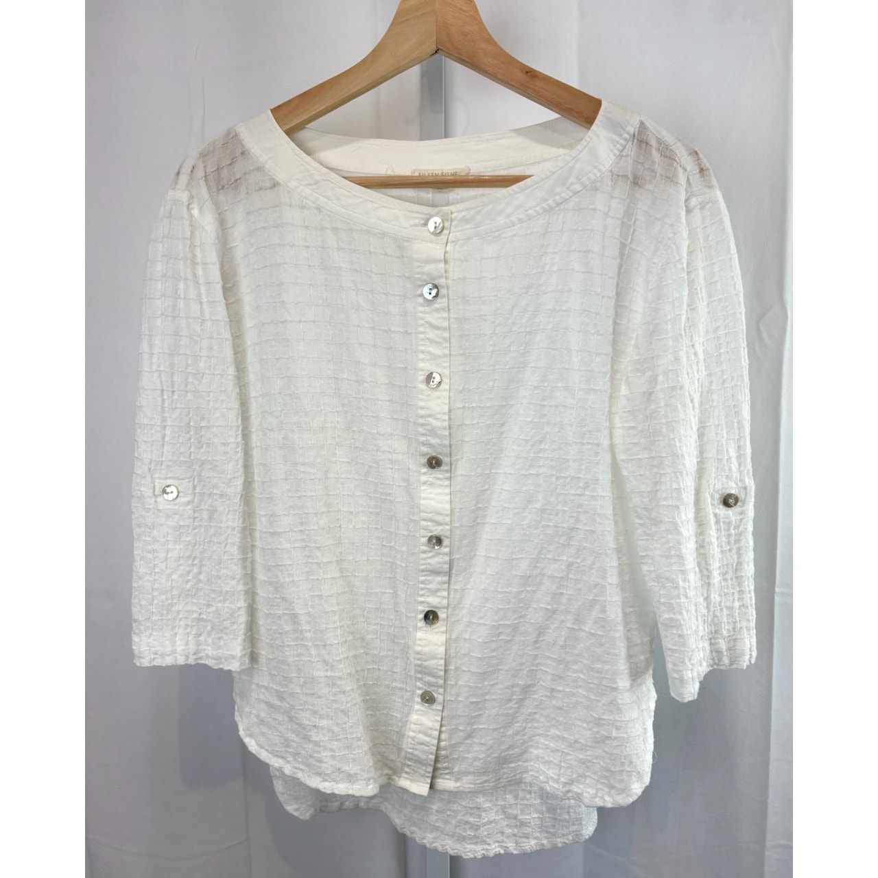 EILEEN FISHER Textured Button Up Shirt Organic Cotton Voile Box White Petite PP