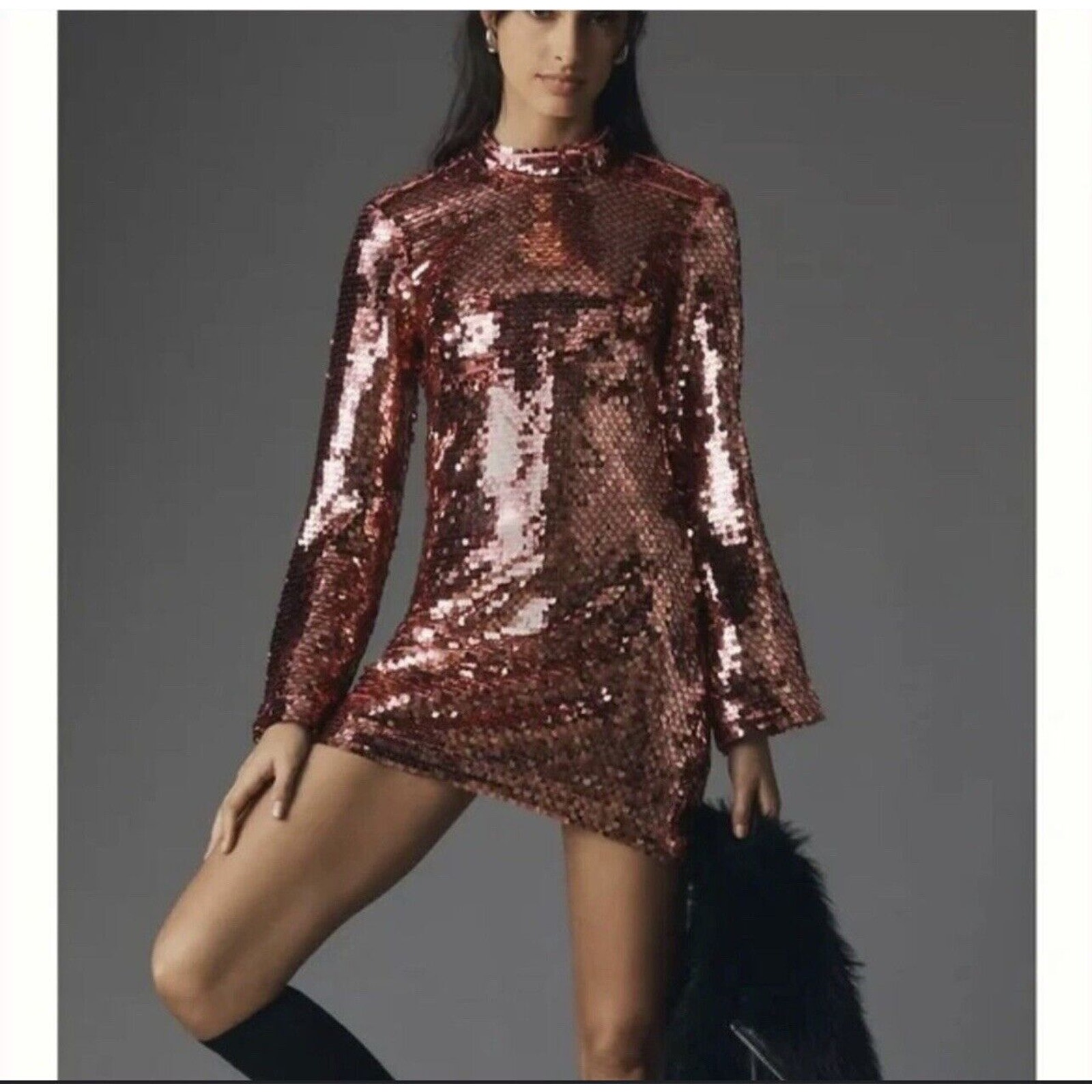 New Anthropologie Maeve Pink Long Sleeve Mock Neck Sequin Mini Dress M