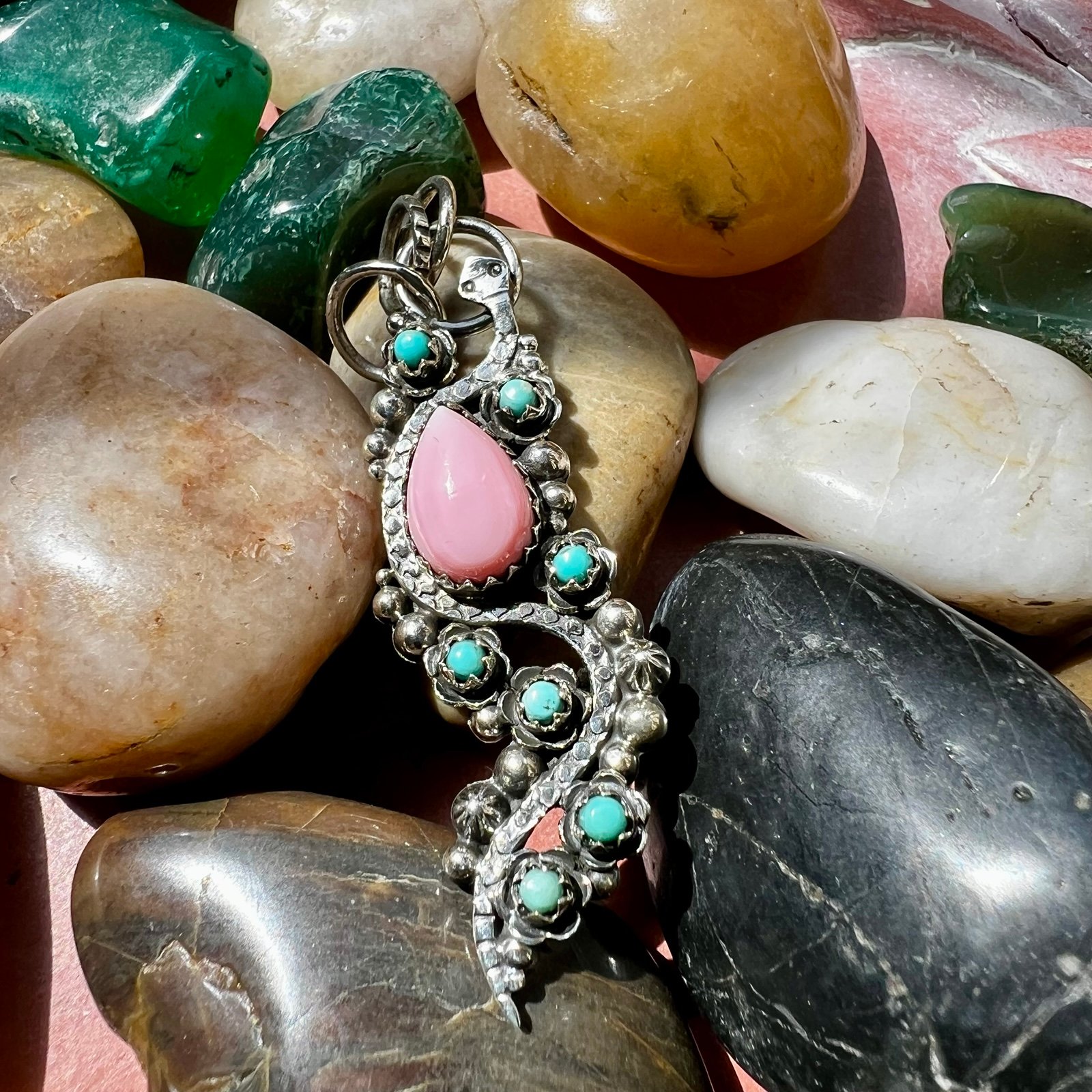 925 Sterling Silver Snake Pendant With Pink Conch & Kingman Turquoise