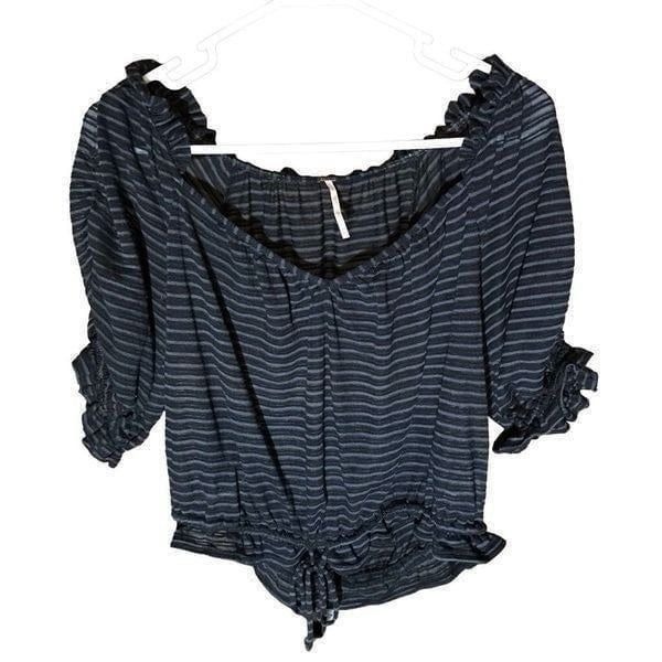 Free People black gray crop top gathered semi sheer short sleeve blouse Size Med