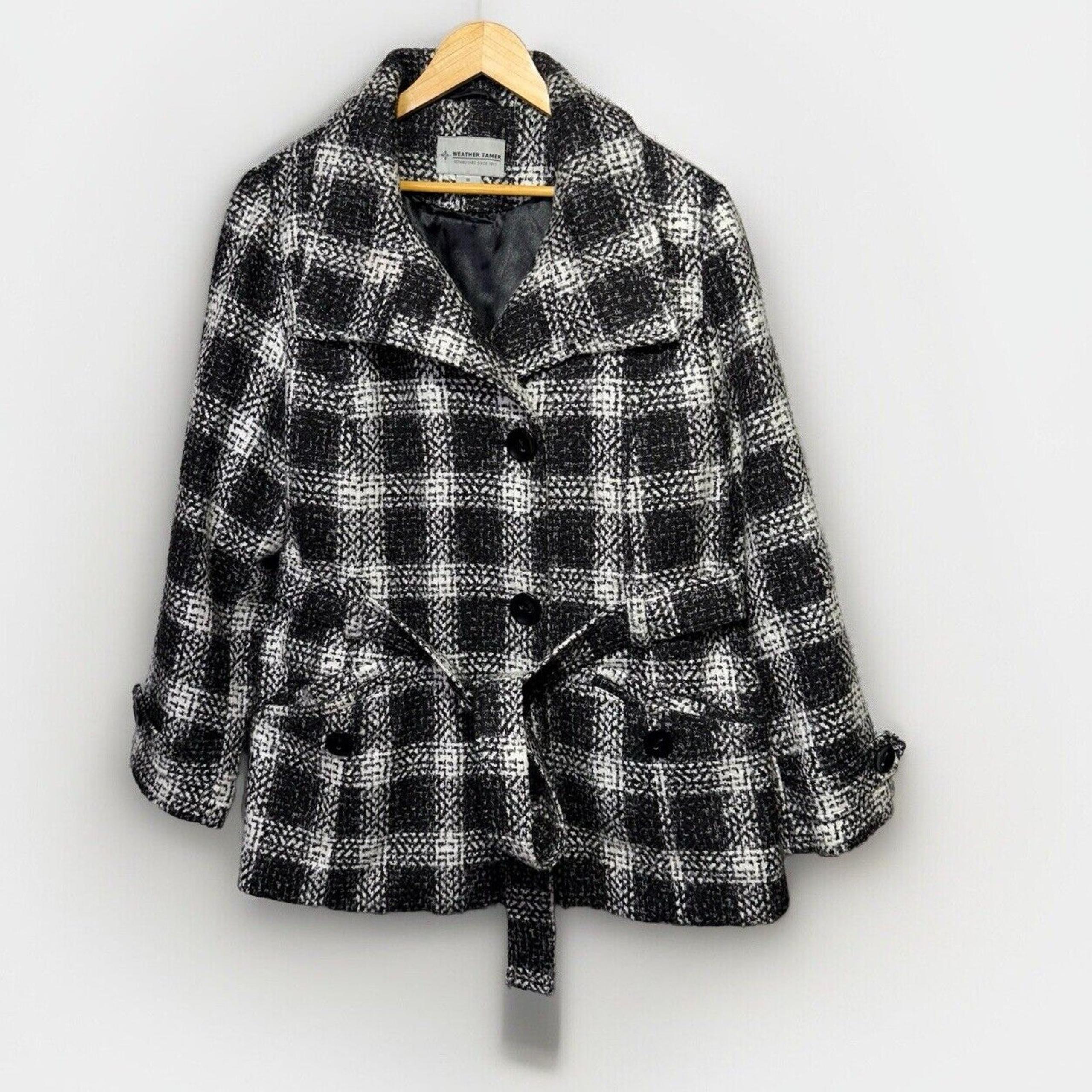 Weather Tamer Plaid Belted Peacoat Women’s Size 1X Black & White