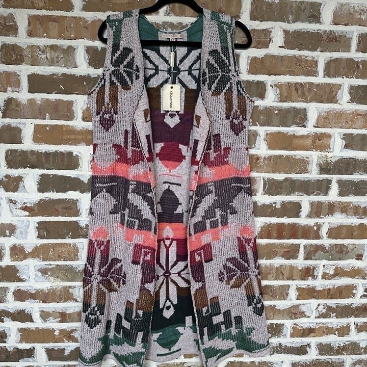 Anthropologie Cecilia Prado Open Long Sweater Vest Duster Aztec Metallic M NWT