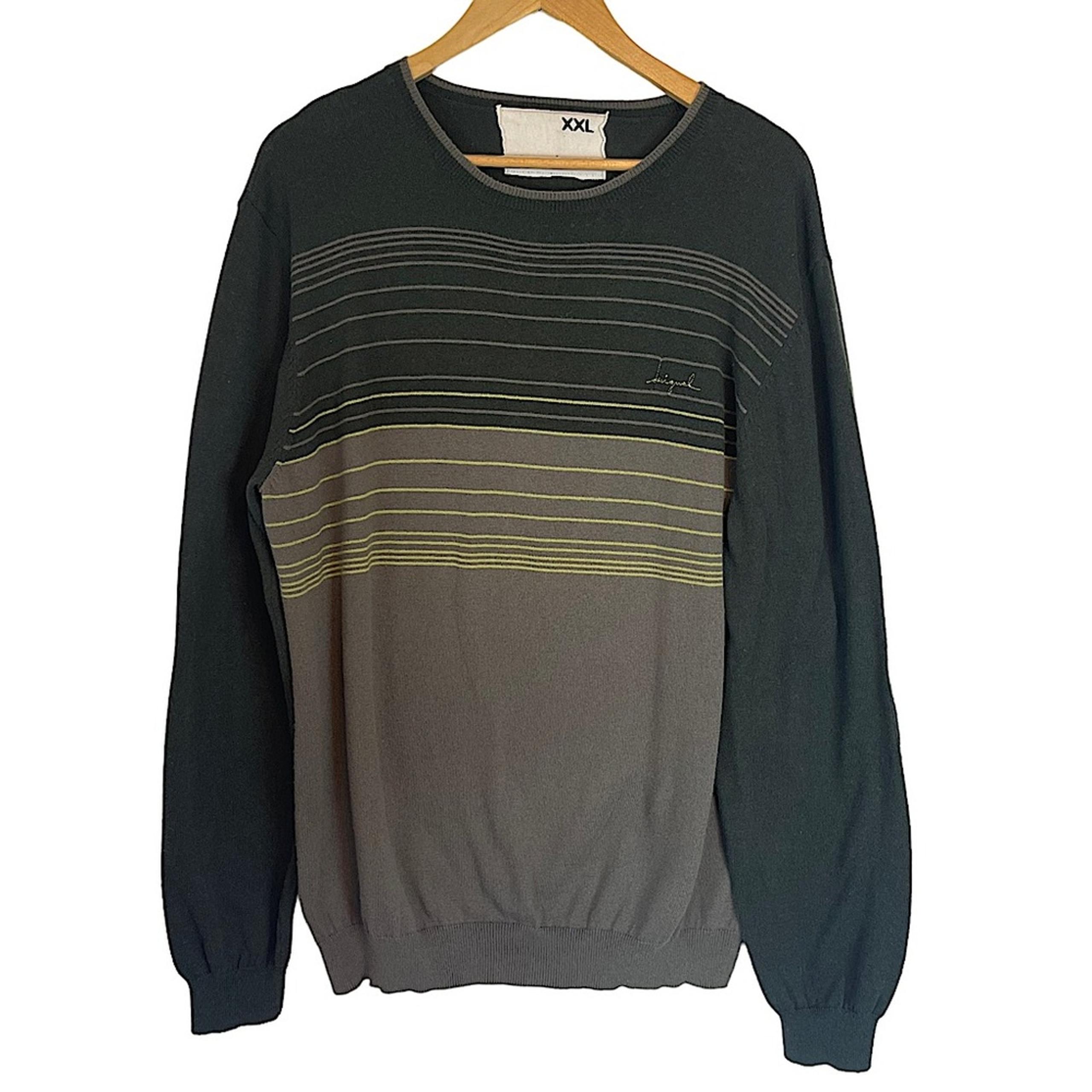 Desigual Men's Striped Pullover Sweater Cotton Wool Green Grey XXL