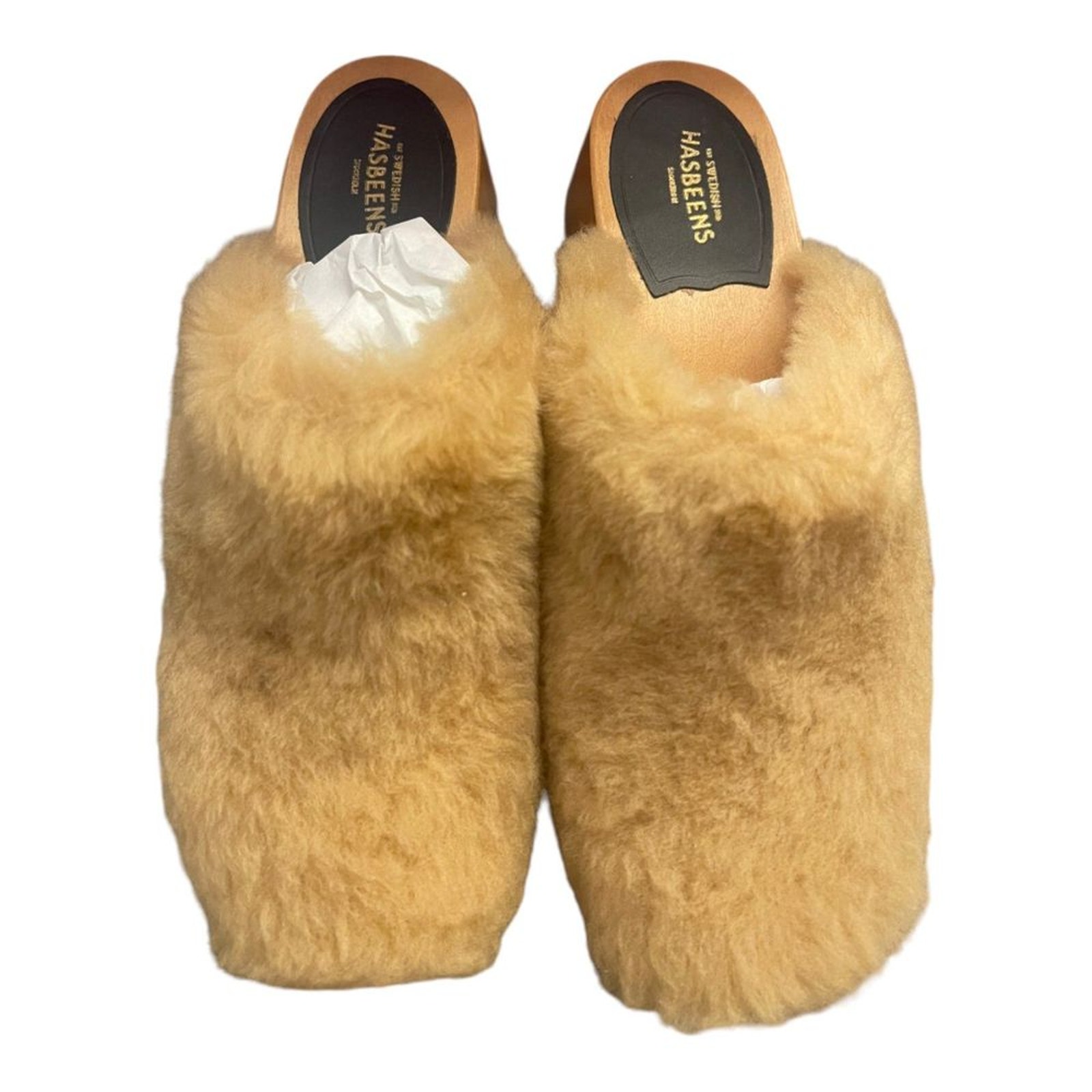 NWB Swedish Hasbeens Fluff Clog Genuine Shearling Upper Block Heel Size 40/10