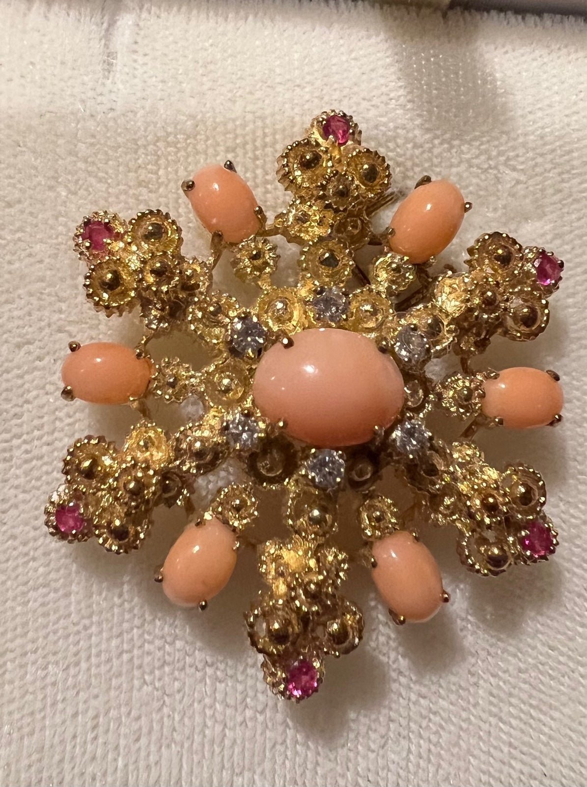 Antique 14kt gold R hallmark ruby coral diamond Brooch vintage