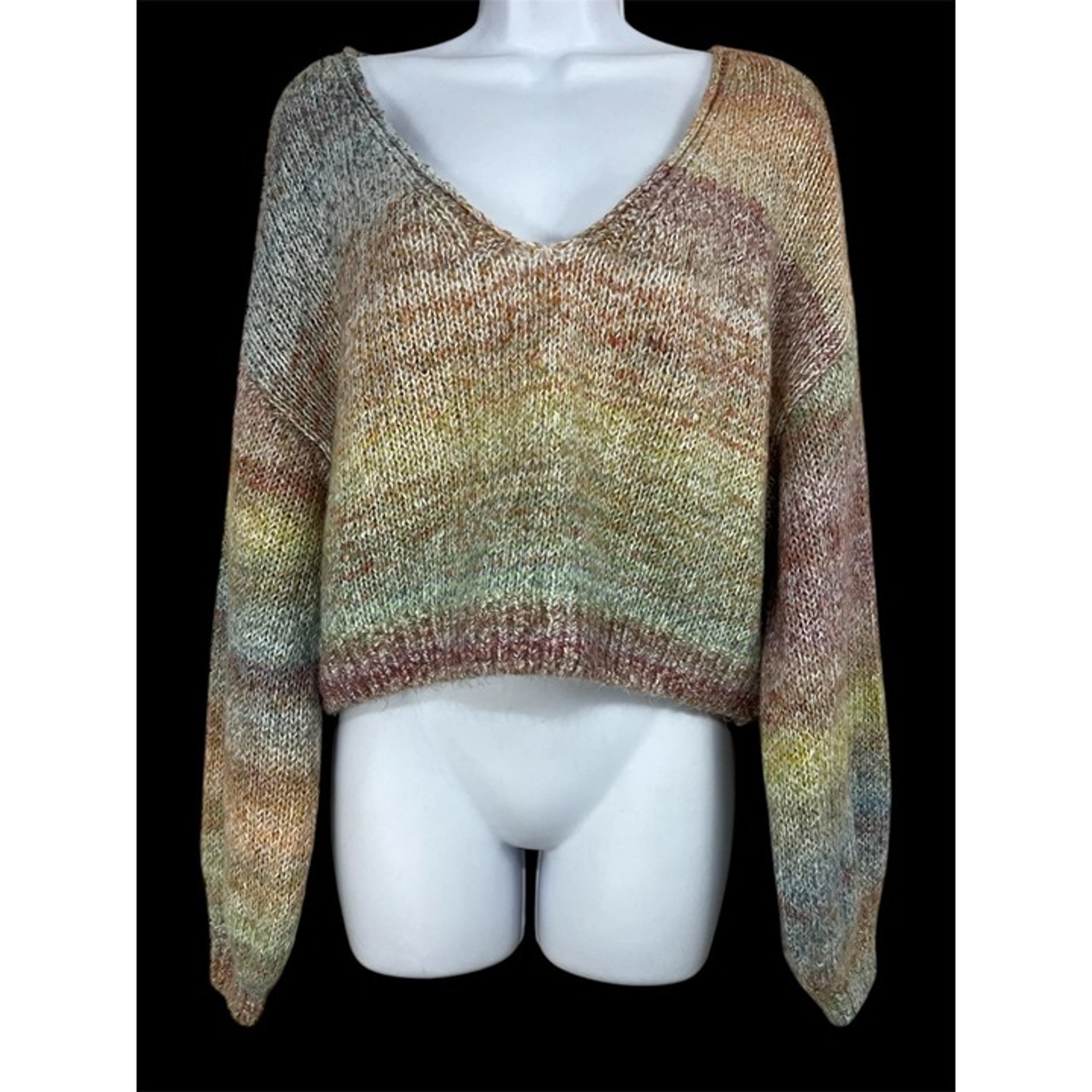 NWT Urban Outfitters Crop Sweater Space Dye Stripes Women Sz M V-Neck Cozy Boho