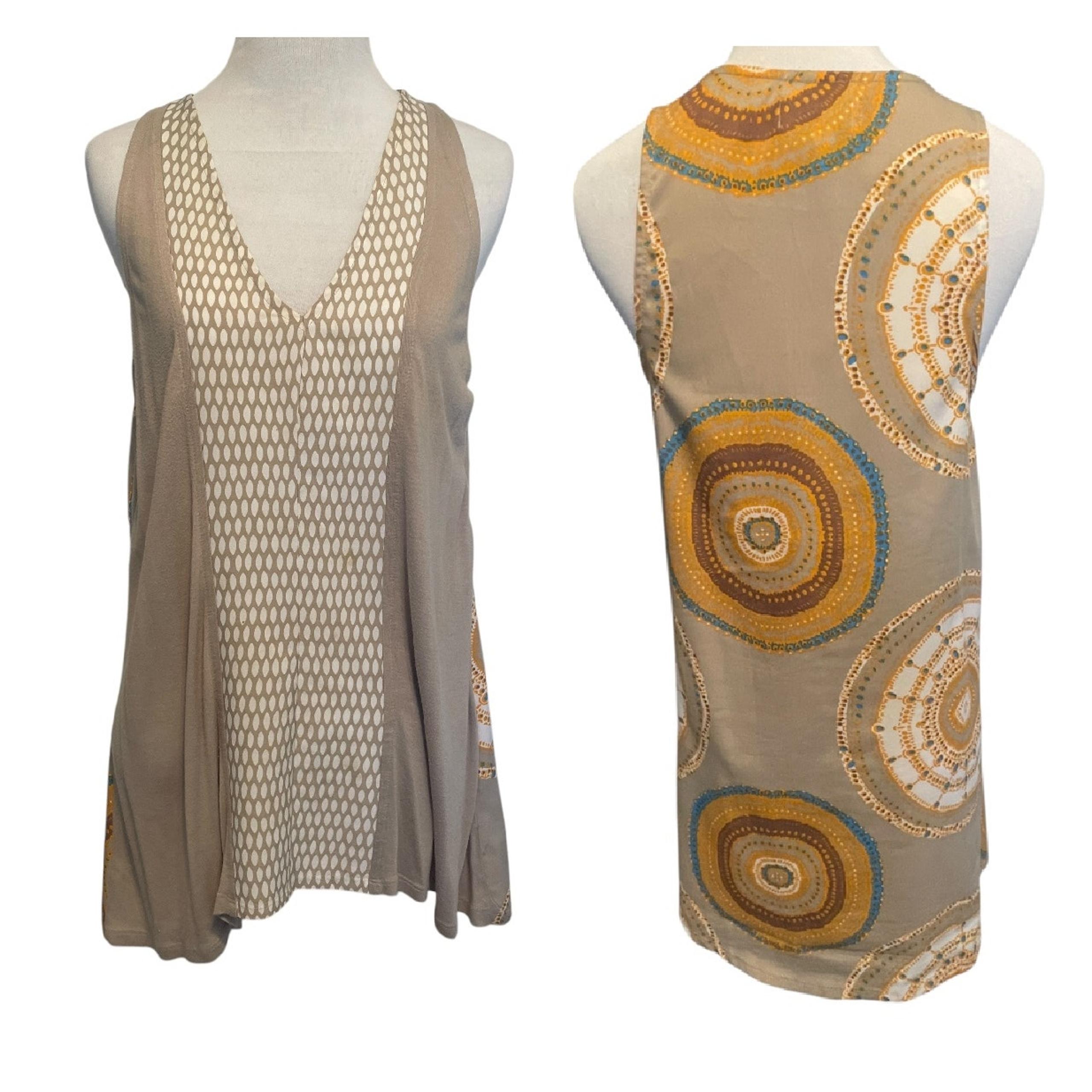 Porridge Mixed Print Tank Womens Small Tan V-Neck Swingy Casual Boho Top