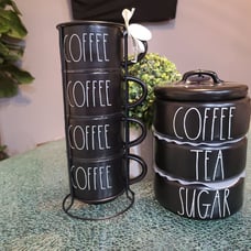 Rae Dunn Black Stacking Mugs and Coffee, Tea and Sugar Stacker