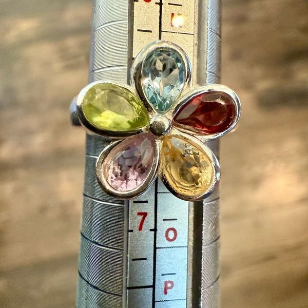 Multi Gemstone Tear Drop Cut Flower Ring Rainbow 925 Sterling Silver Size 6 New