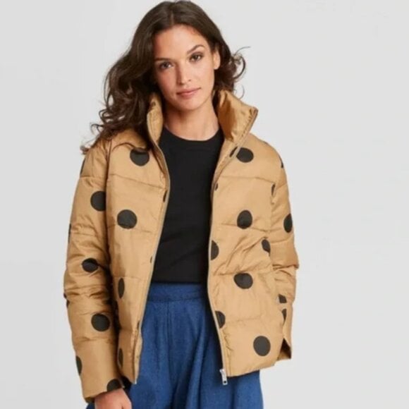 Who What Wear Women’s Polka Dot Print Puffer Jacket 3X NWT Gold Ochre Black