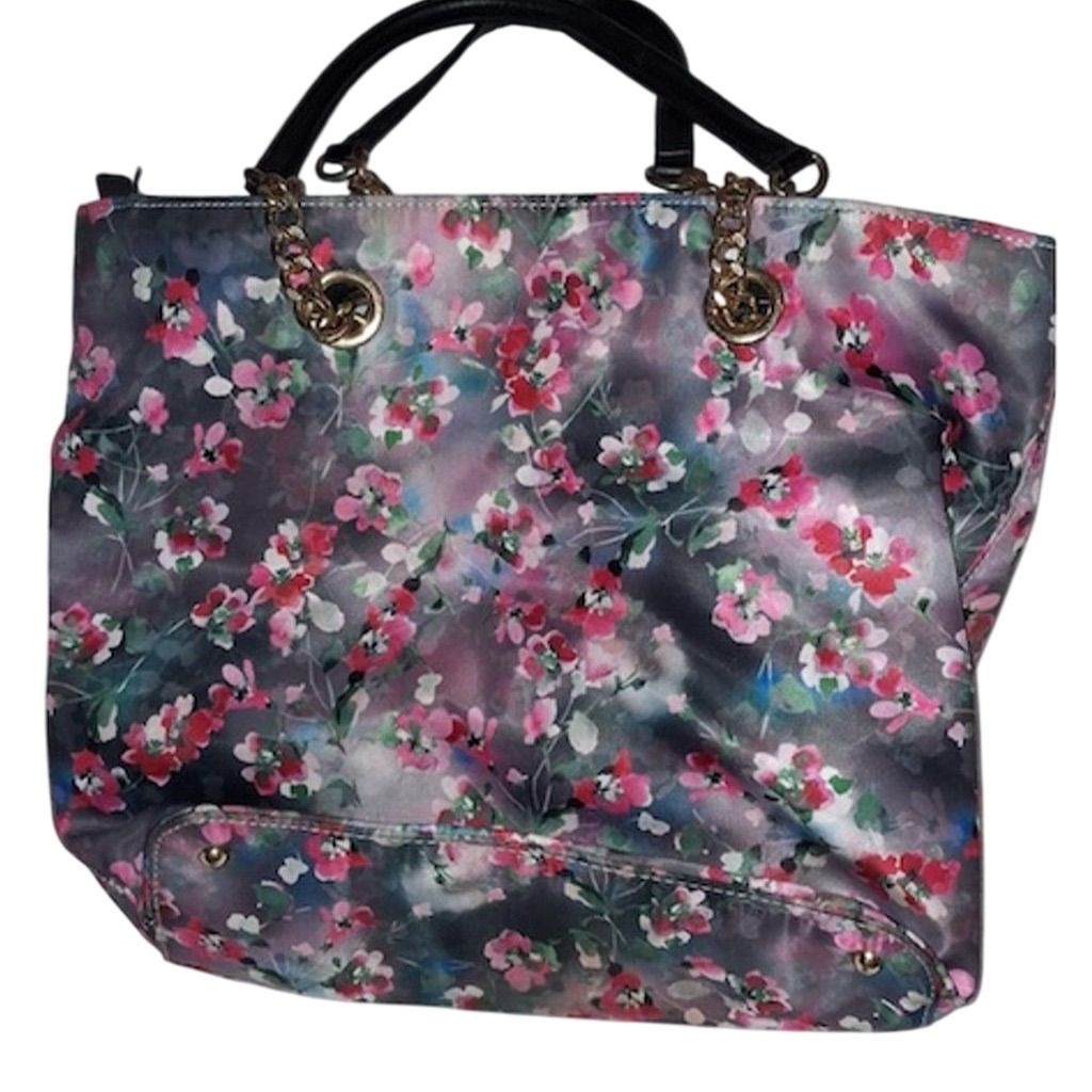 Calvin Klein Women Floral Print Nylon Tote Bag satin Victorian feminine VTG gold