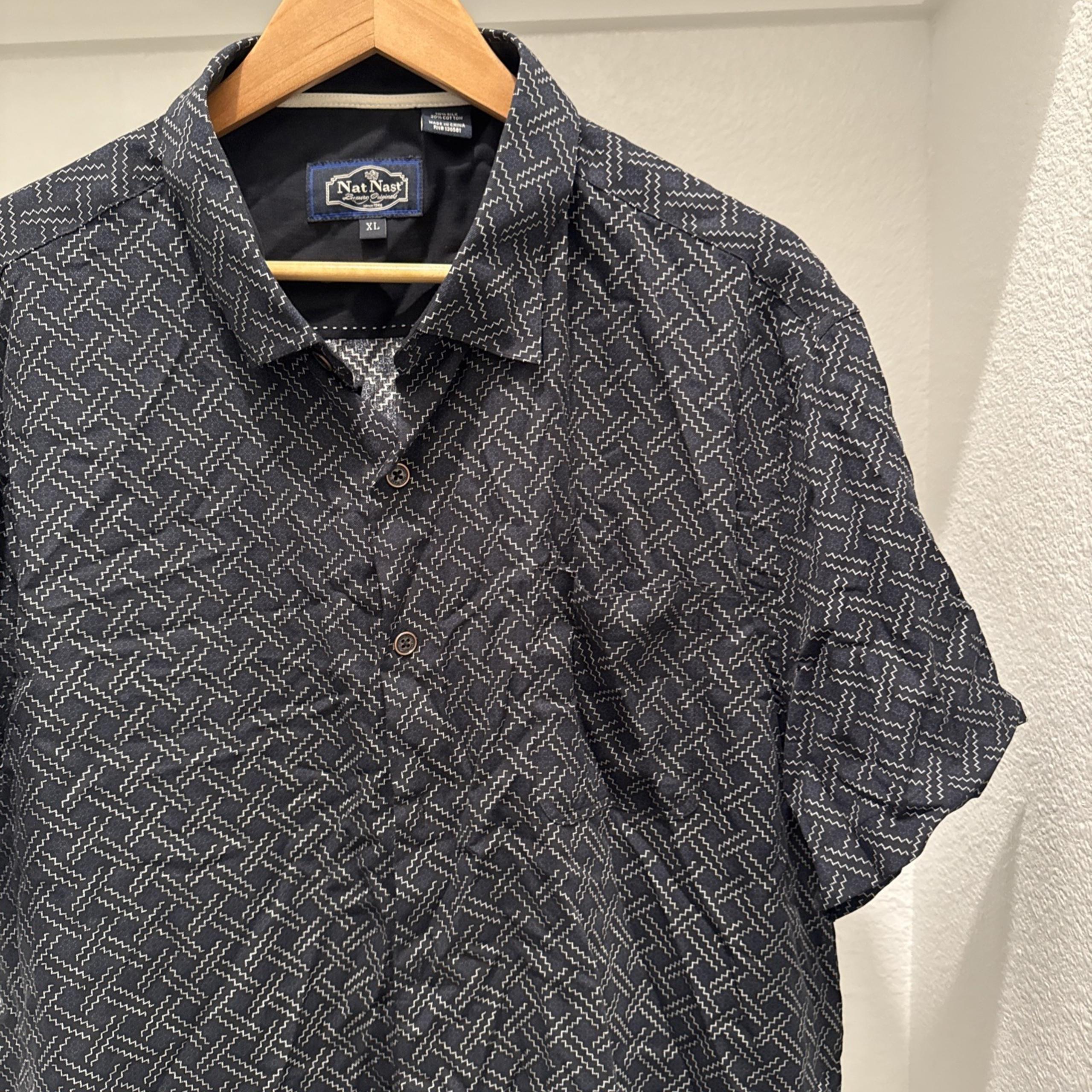 Nat Nast Shirt Mens XL Silk Blend Short Sleeve Black Geometric Button Down