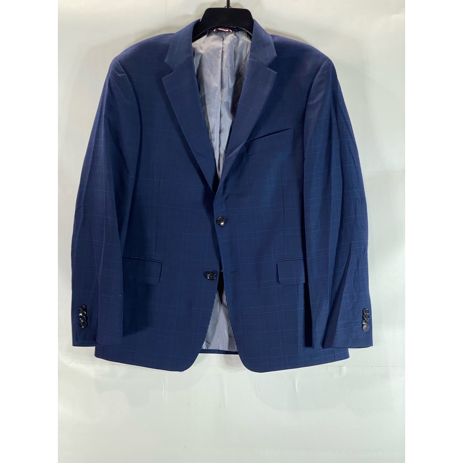 TOMMY HILFGER Men's Blue Plaid Wool-Blend Two-Button Short Blazer SZ 40S