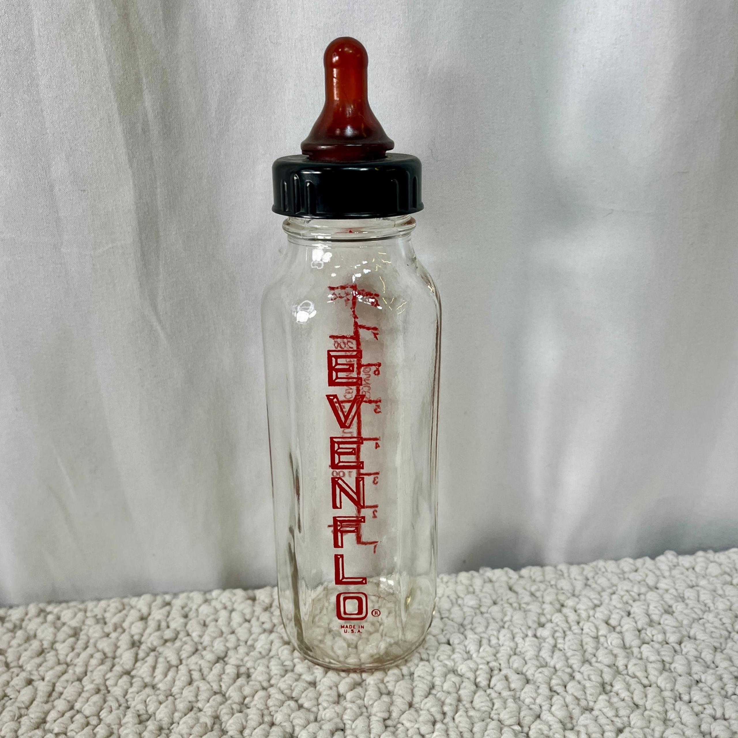 VTG Evenflo 8 oz Clear Glass Baby Bottle Nipple & Ring USA Made Red Logo Hexagon