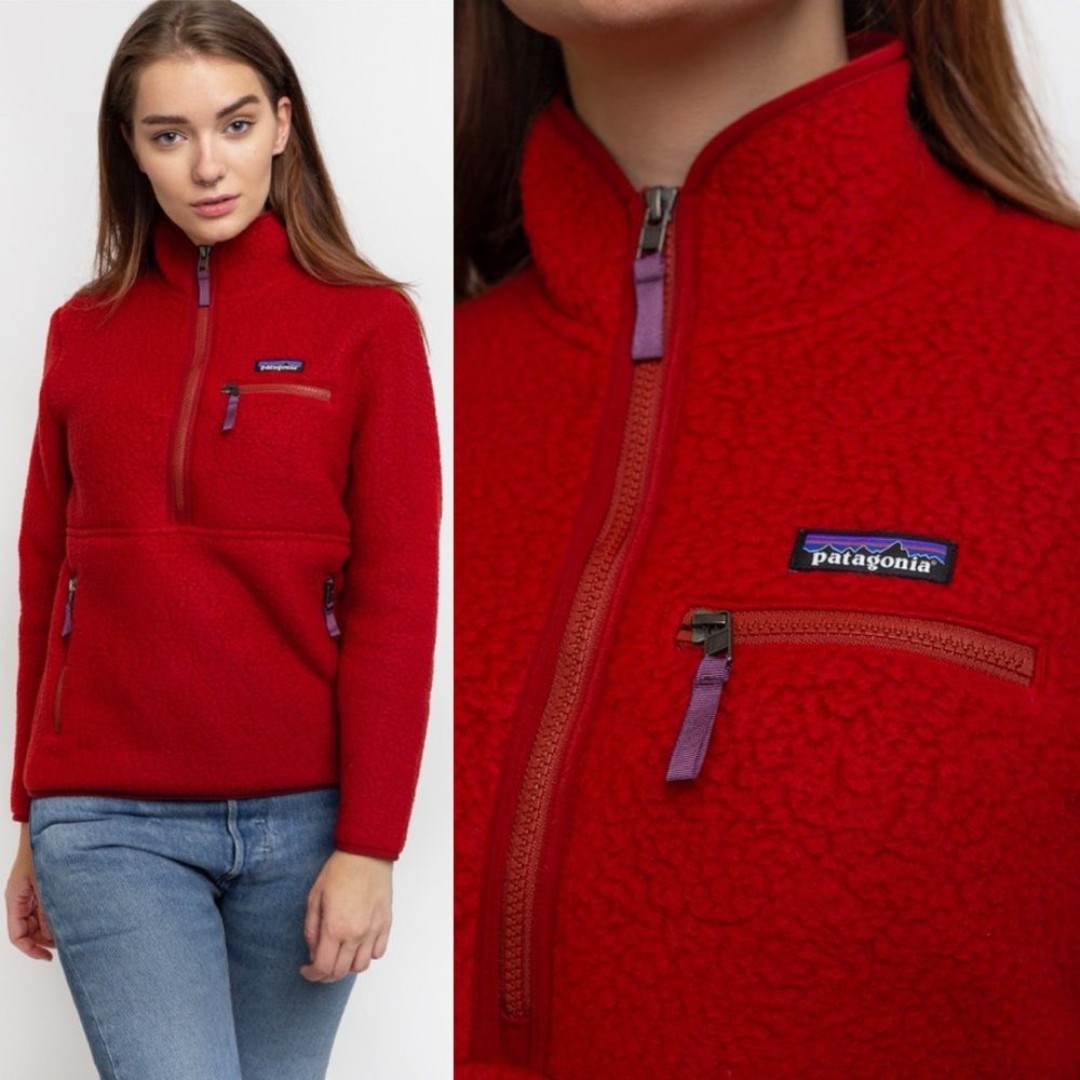 Patagonia Womens Retro Pile Hoody L Red Worn Wear Marsupial Hooded Warm Outdoor