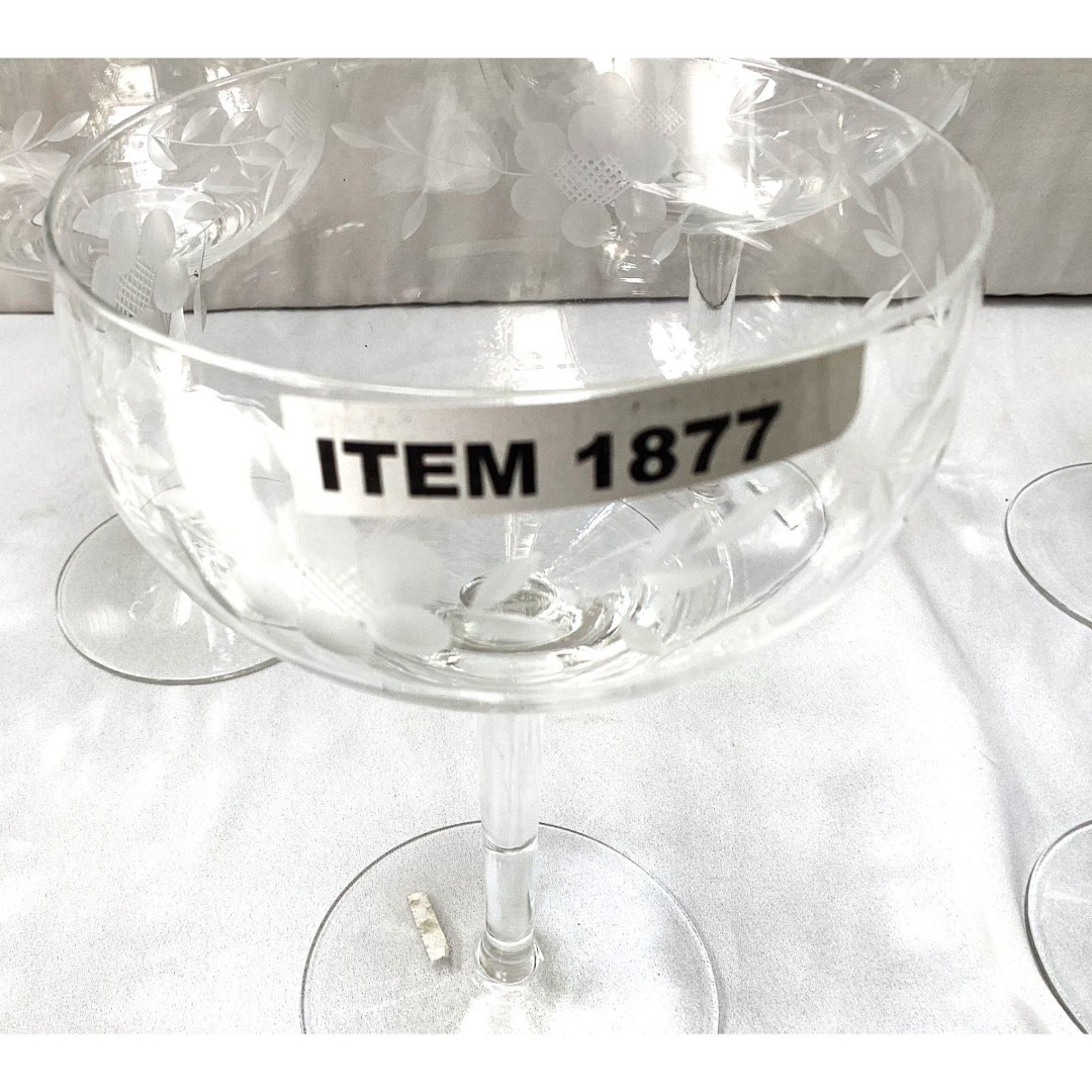 1877 Set of 7 Champagne Coupe Etched Rose Glasses