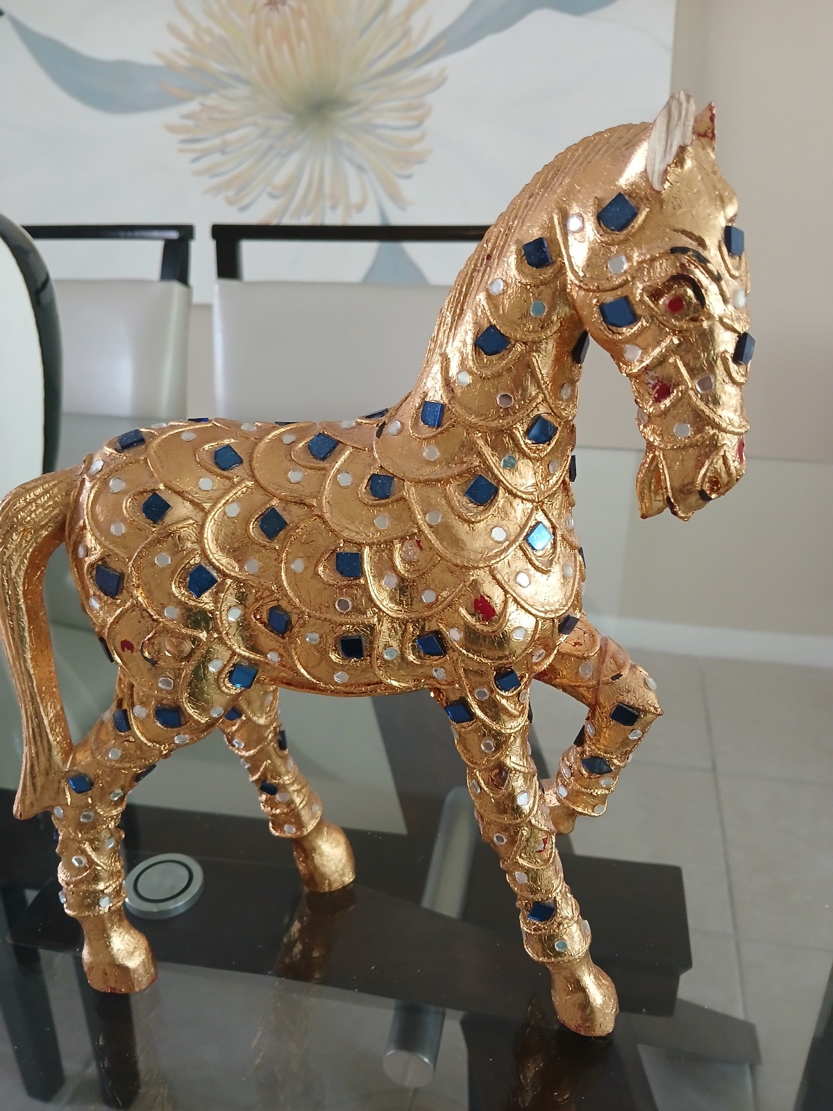 Horse golden 11 X 12 inches. Italian detailed blue stones good condition.