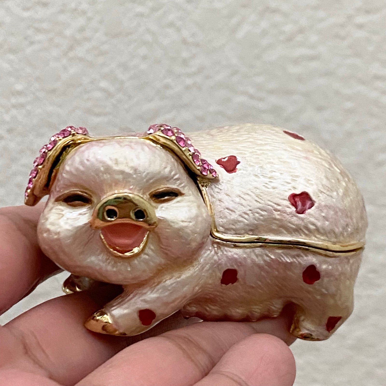 Pink Pig With Hearts Enameled Jeweled Trinket Box