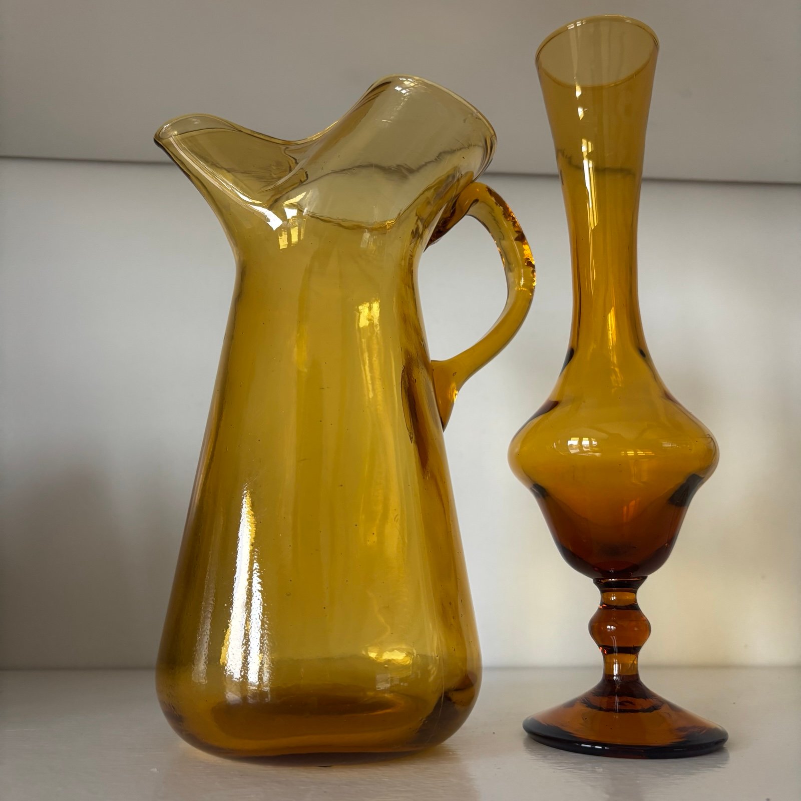 Vintage Amber Blenko Glass Carafe Pitcher & Bud Vase