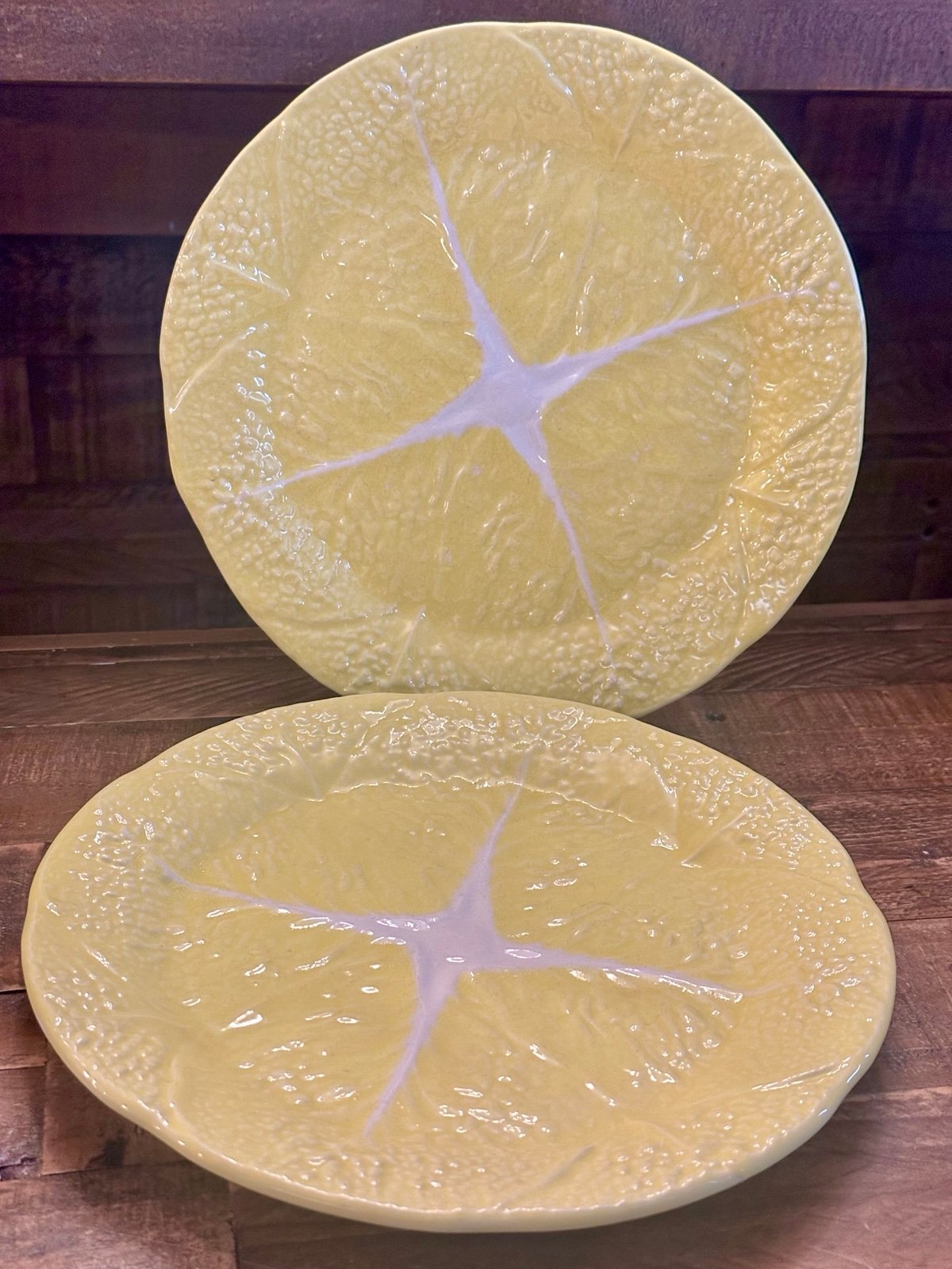 Secla Portugal Cabbage Lettuce Leaf 10.5” Dinner Plates Majolica Yellow x2