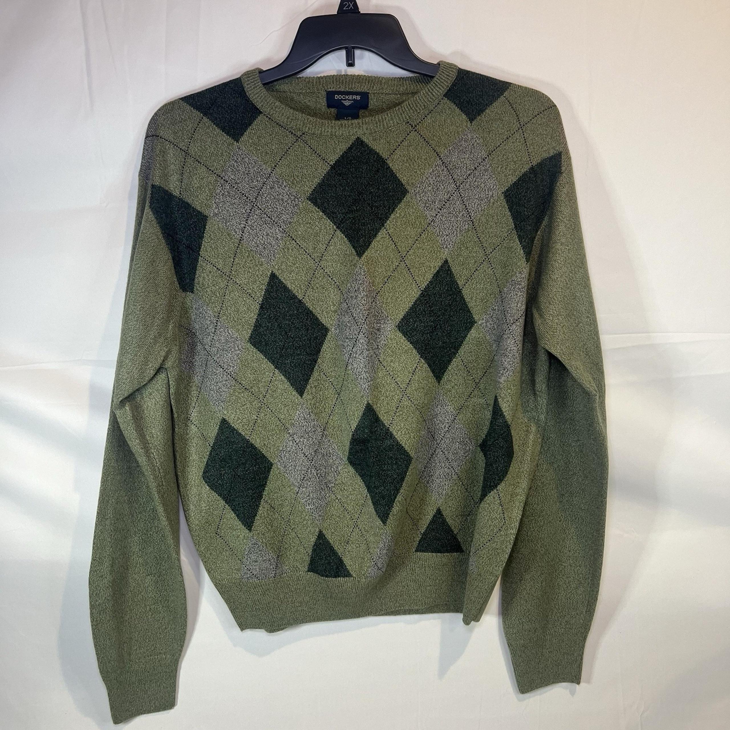 Vintage Dockers Men's L Green Gray Argyle Long Sleeve Pullover Sweater Large