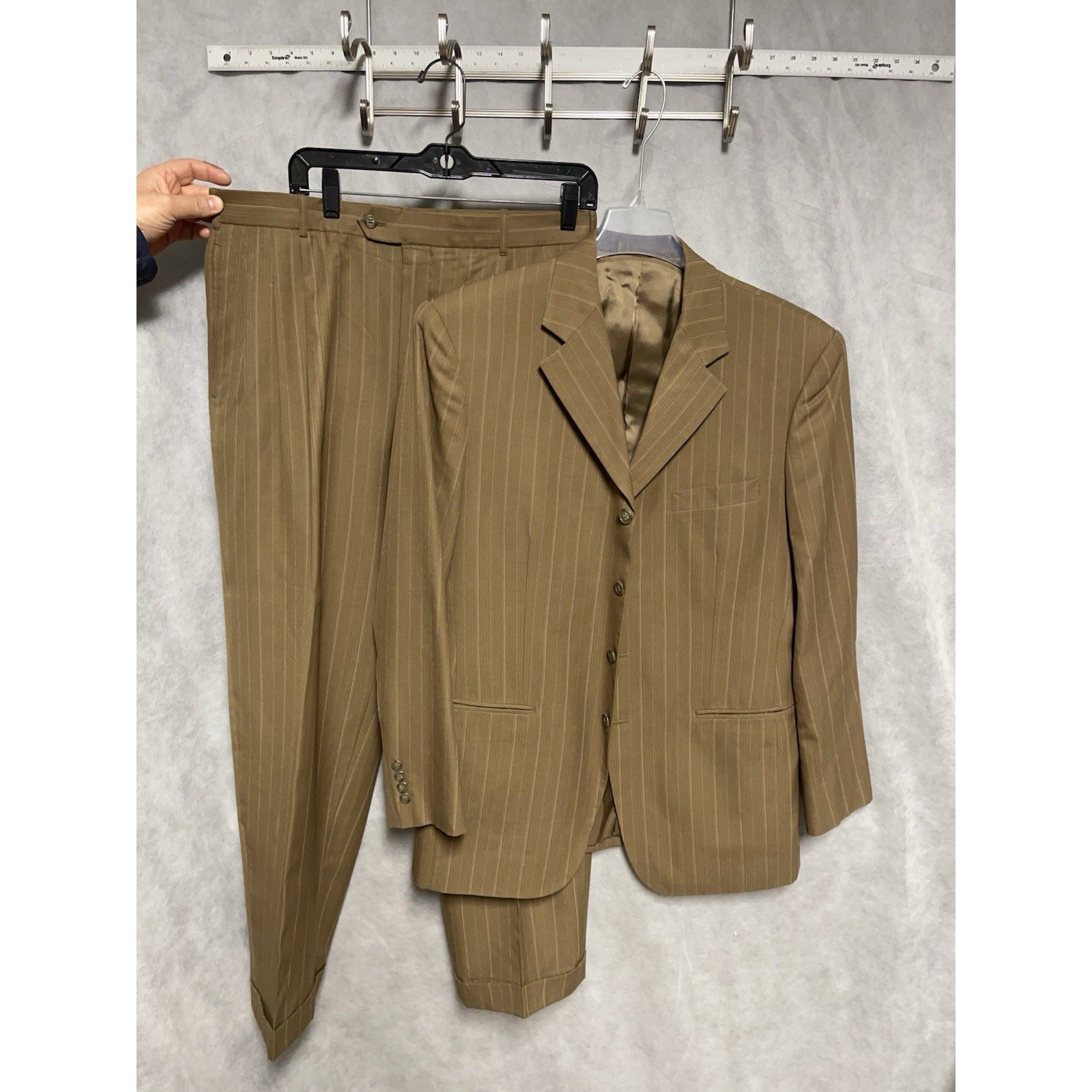 Bespoke Suit Men 40R Brown Striped 4B Wool Academia Career Pants 34X30 Luxury