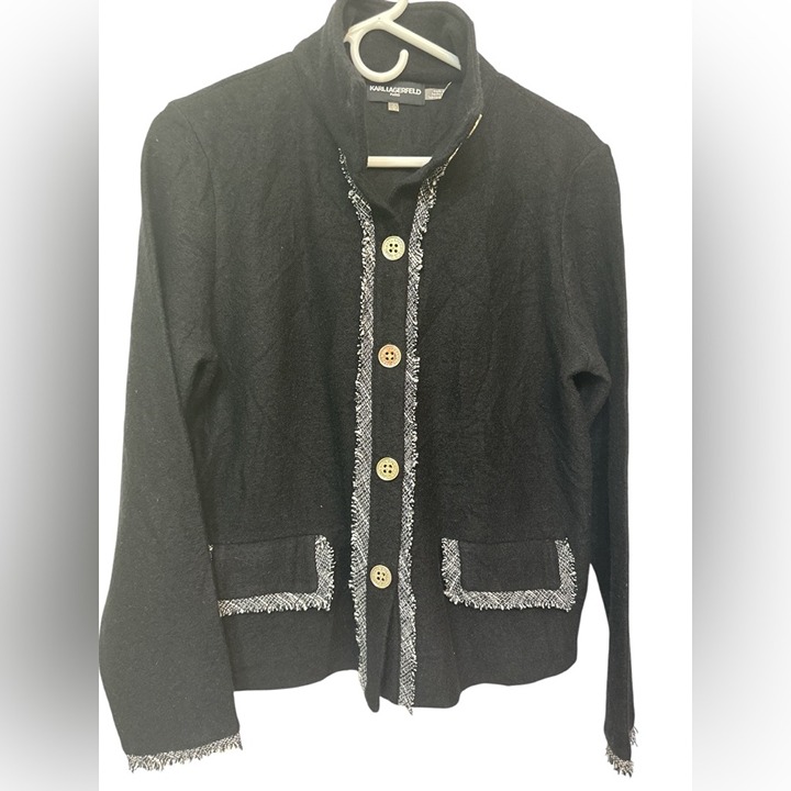 Karl Lagerfeld Paris black grey collared tweed details button down shacket