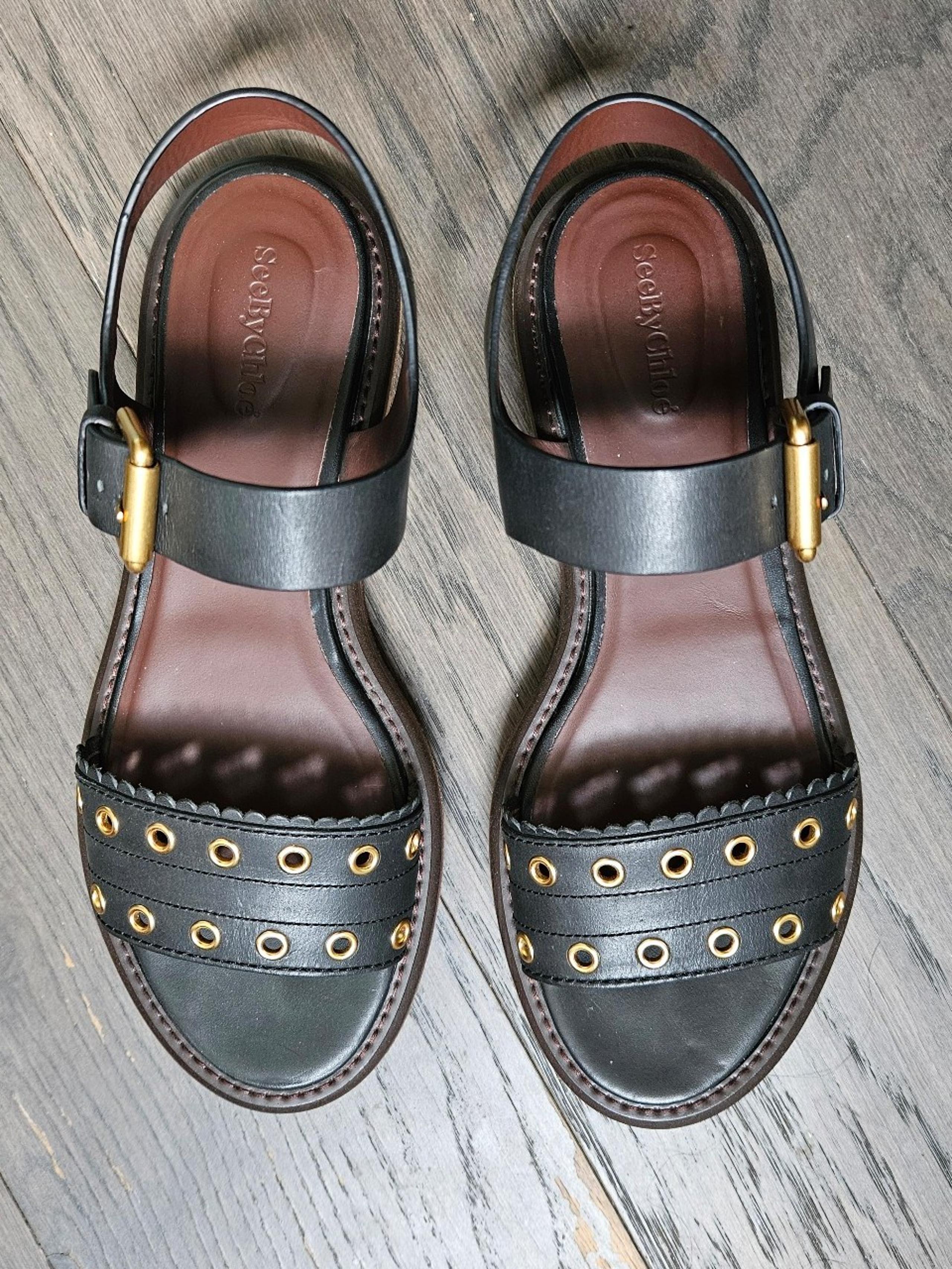 See By Chloe Black Leather Gold Eyelet Flat Sandals Buckle Strap Italy Size 41