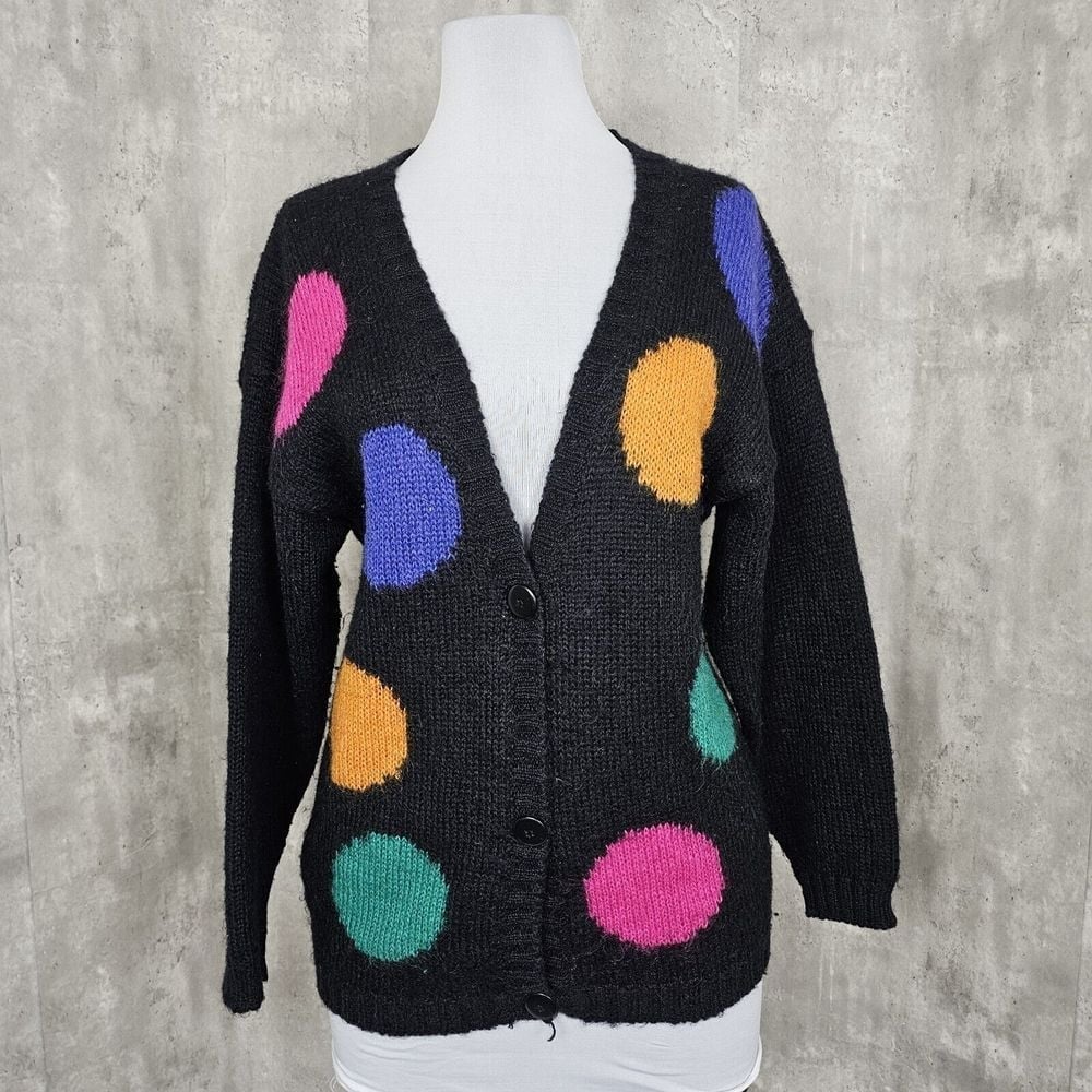 Vintage 90s Eastside Westside Womens M Black Knit Colorful Dots Cardigan Sweater
