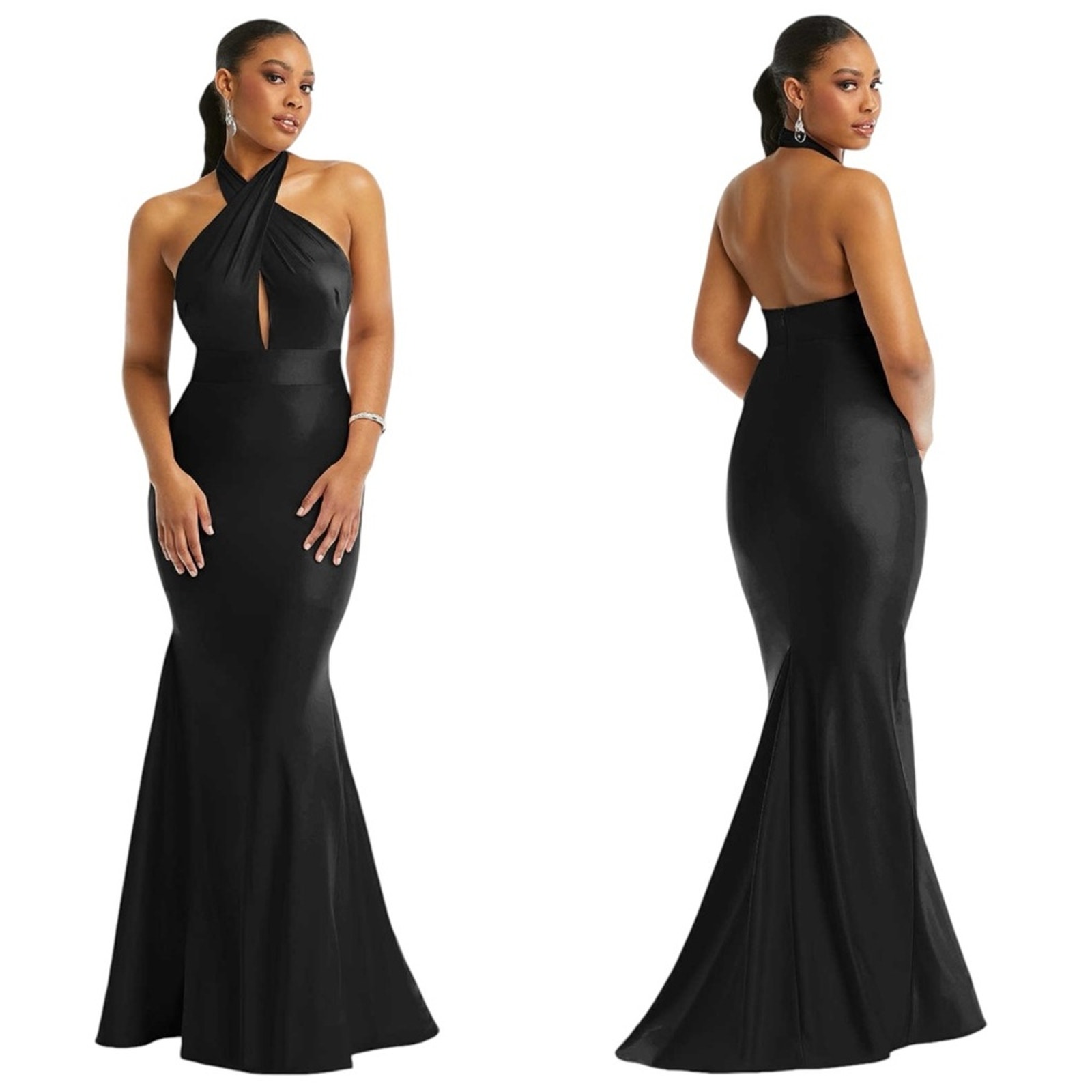 CYNTHIA & SAHAR Ximena Cross Halter Stretch Satin Mermaid Gown Size Large