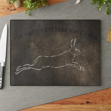 Personalized Cottage Core, Rustic Glass Cutting Board with Leaping Hare Design