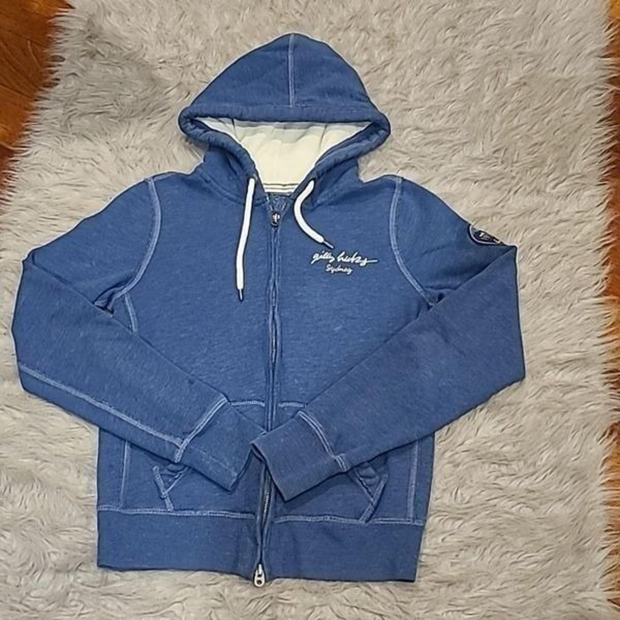 Gilly hicks blue and white heavy cotton logo zip up hooded sweatshirt