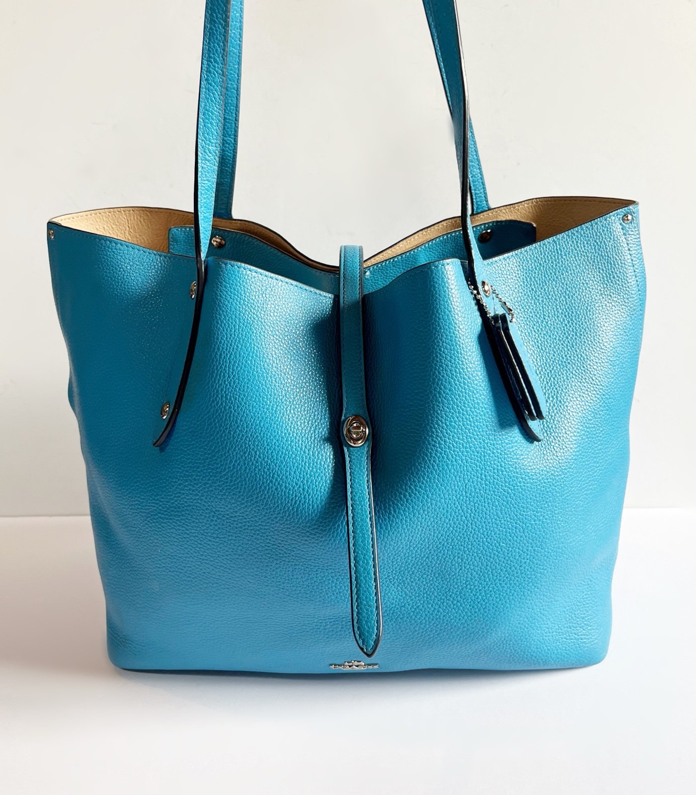 Coach BRIGHT BLUE Large Market Tote Pebbled Leather Carryall Bag Purse SATCHEL