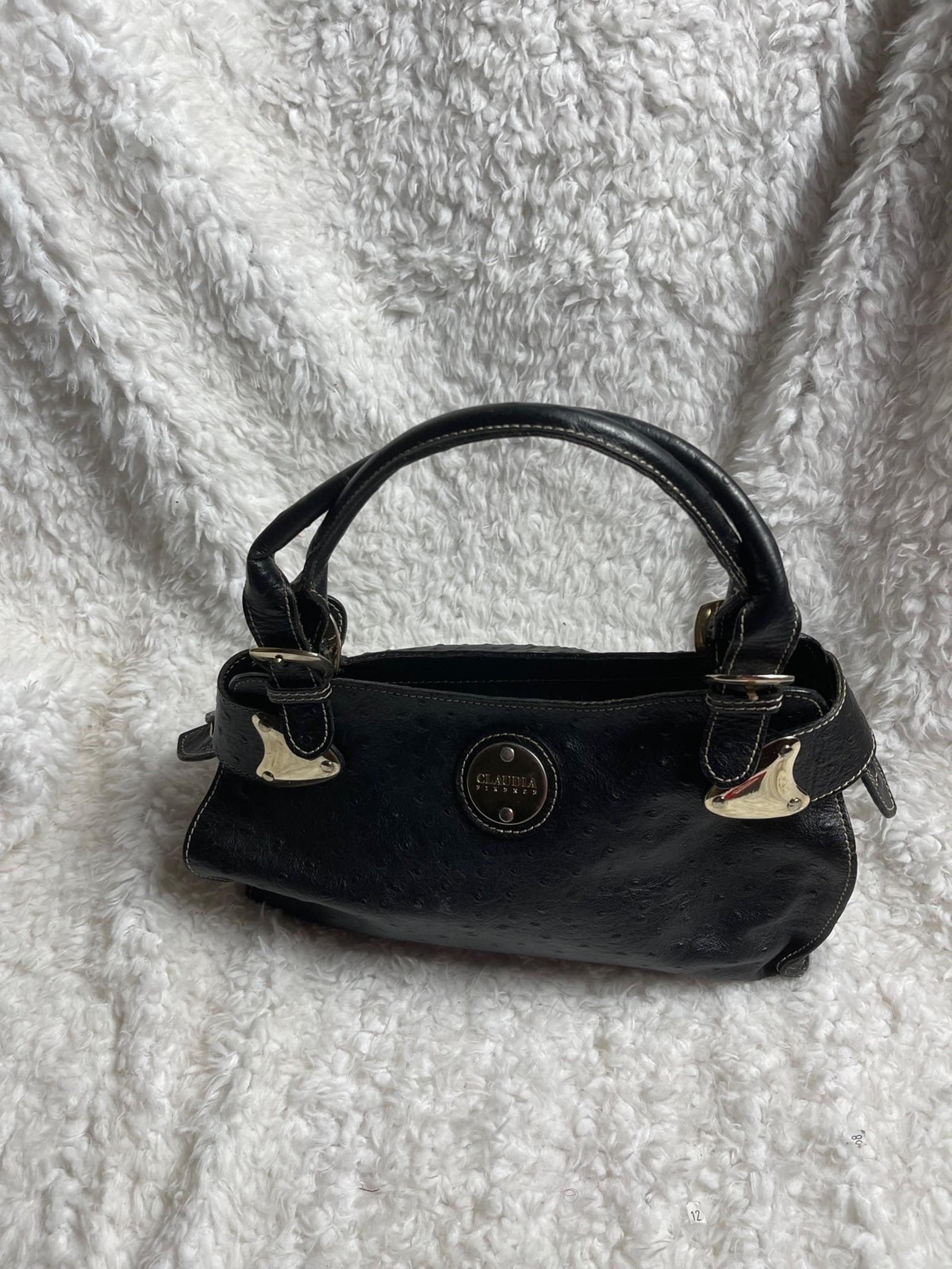 Claudia Firenze Italian leather black ostrich print satchel silver tone accents