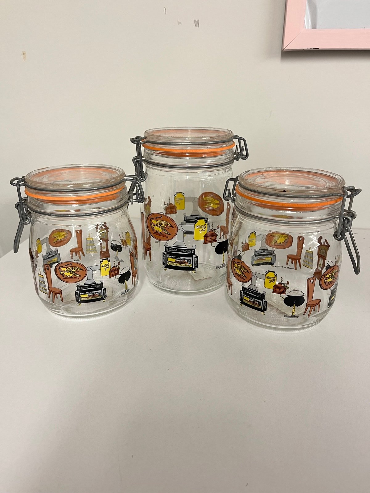 Vintage Rare Niveau De Remplissage Kitchen Glass Canister Set Of 3